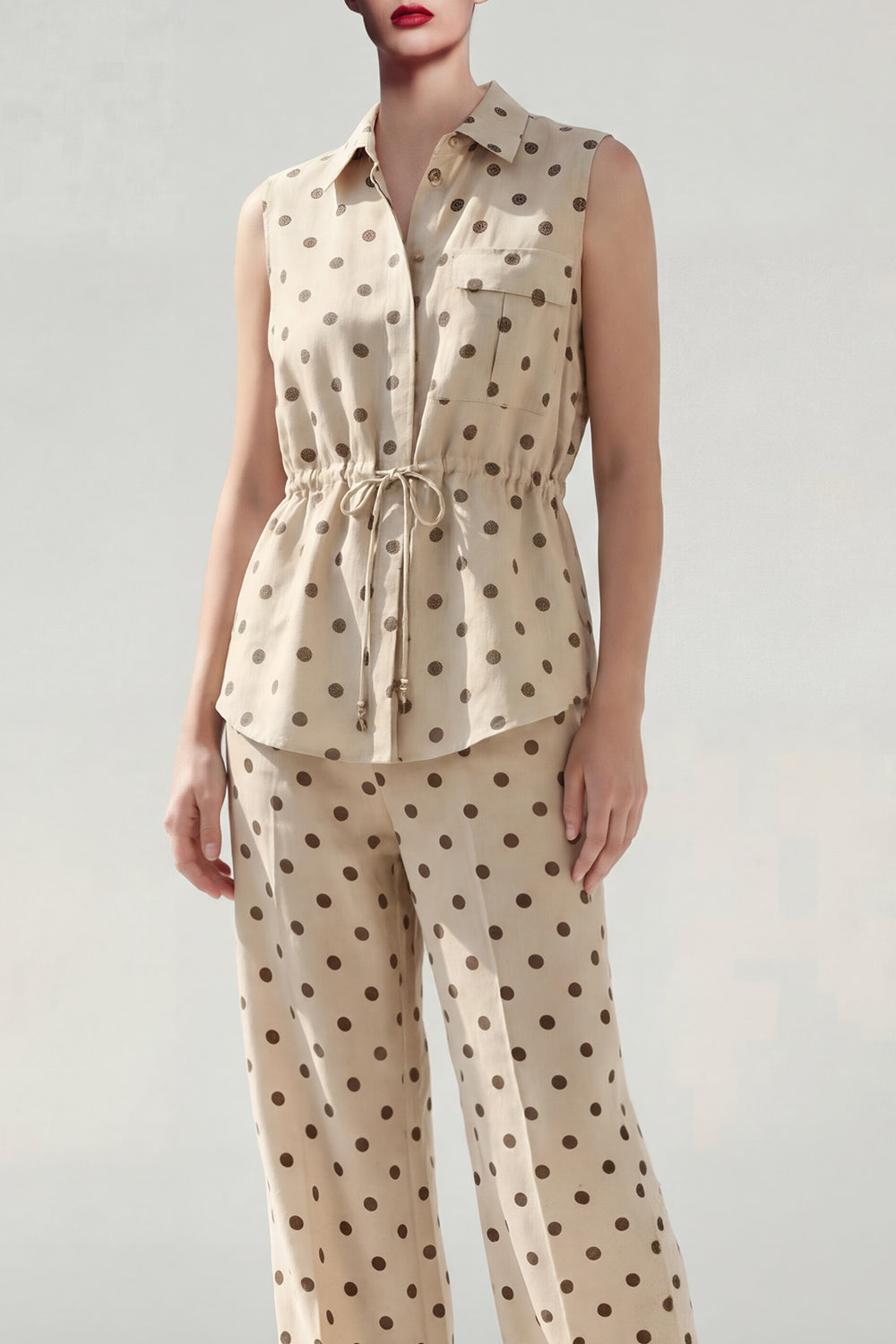 Khaki 2 Piece Polka Dots Lapel Neck Business Suits