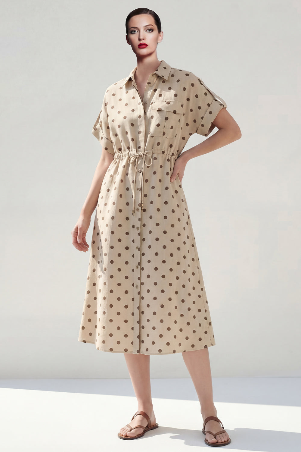 Khaki Single Breasted A Line Polka Dots Maxi Work Dress with Sleeves