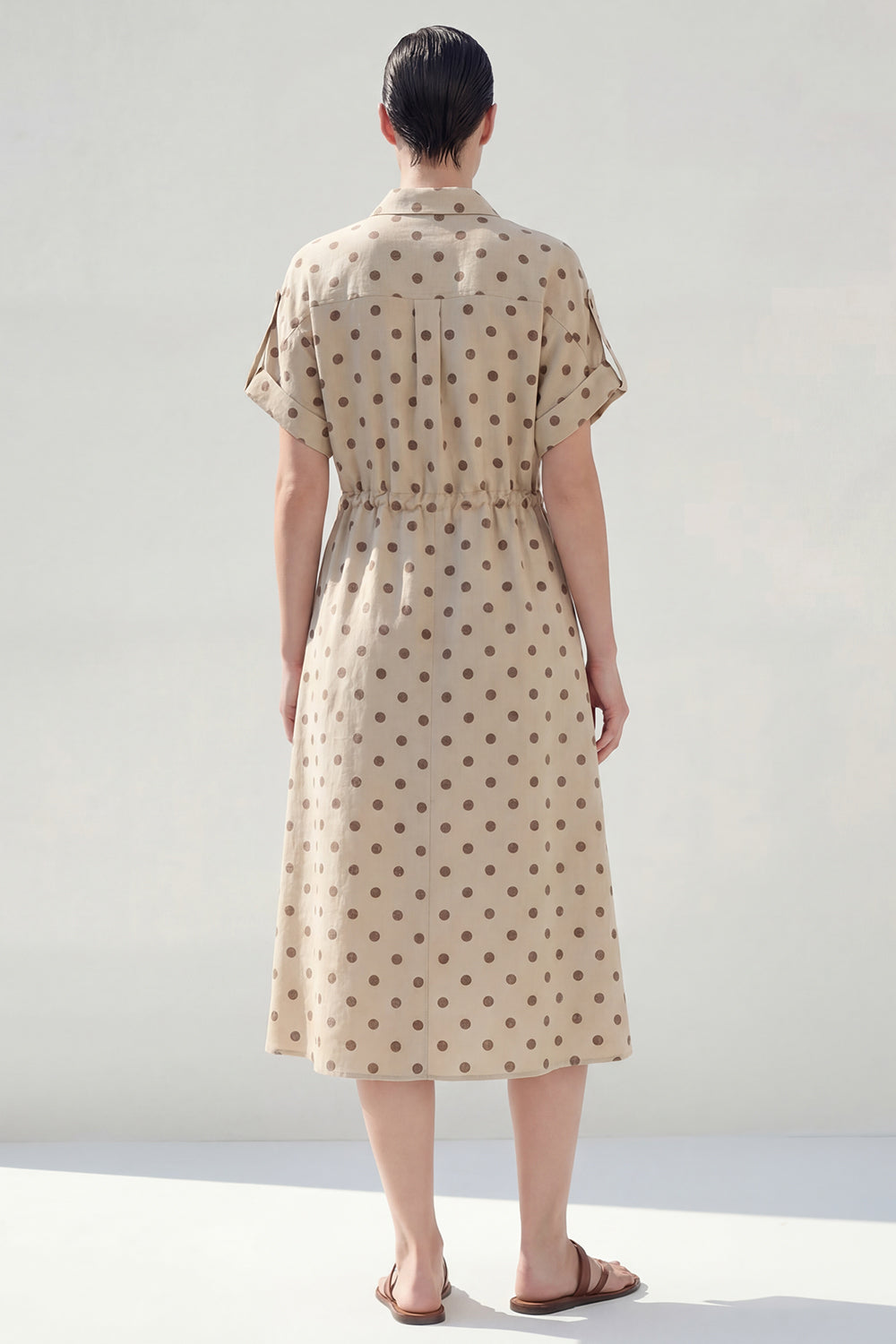 Khaki Single Breasted A Line Polka Dots Maxi Work Dress with Sleeves