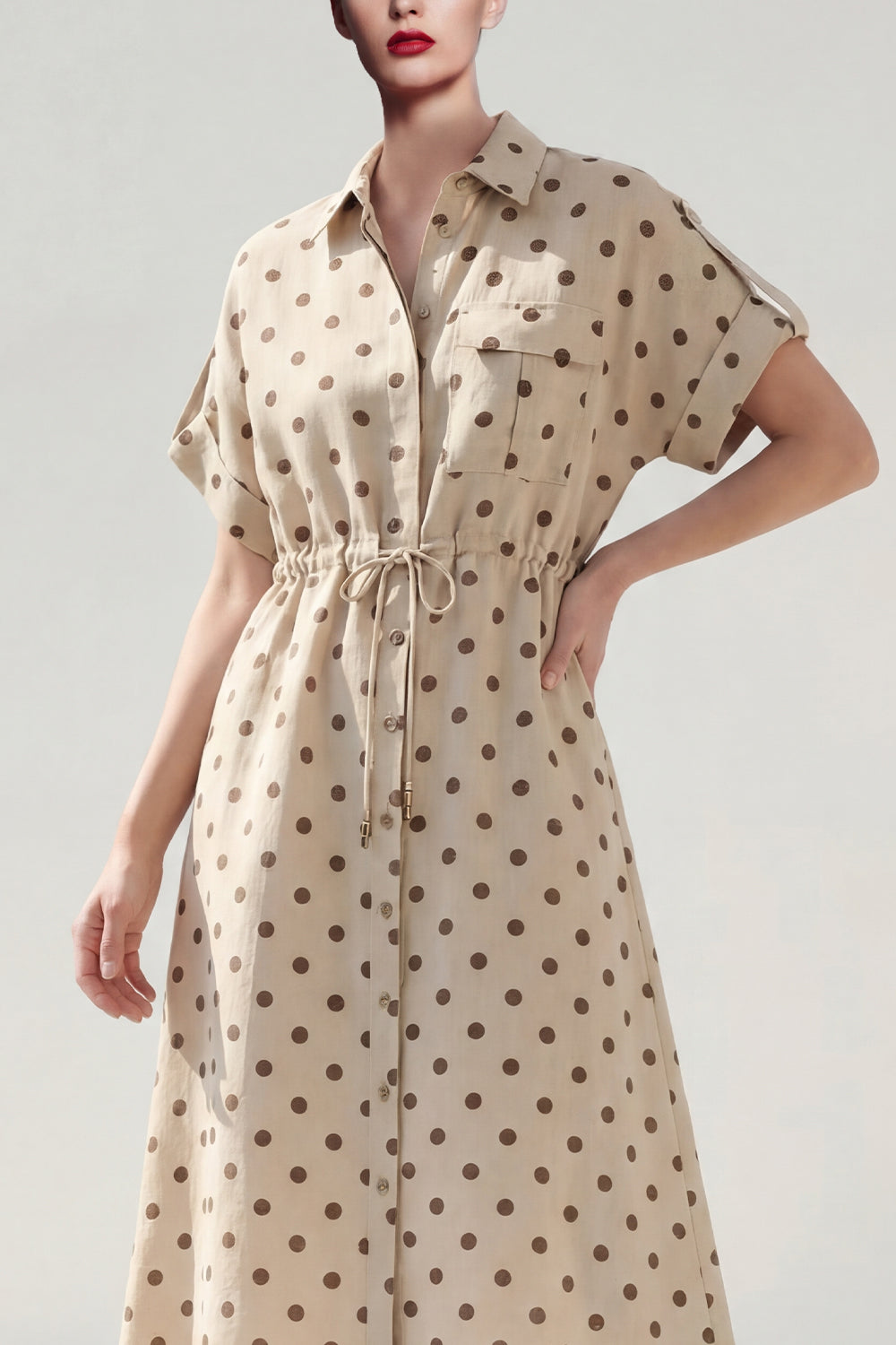 Khaki Single Breasted A Line Polka Dots Maxi Work Dress with Sleeves