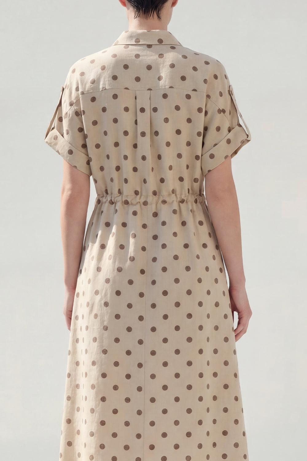 Khaki Single Breasted A Line Polka Dots Maxi Work Dress with Sleeves