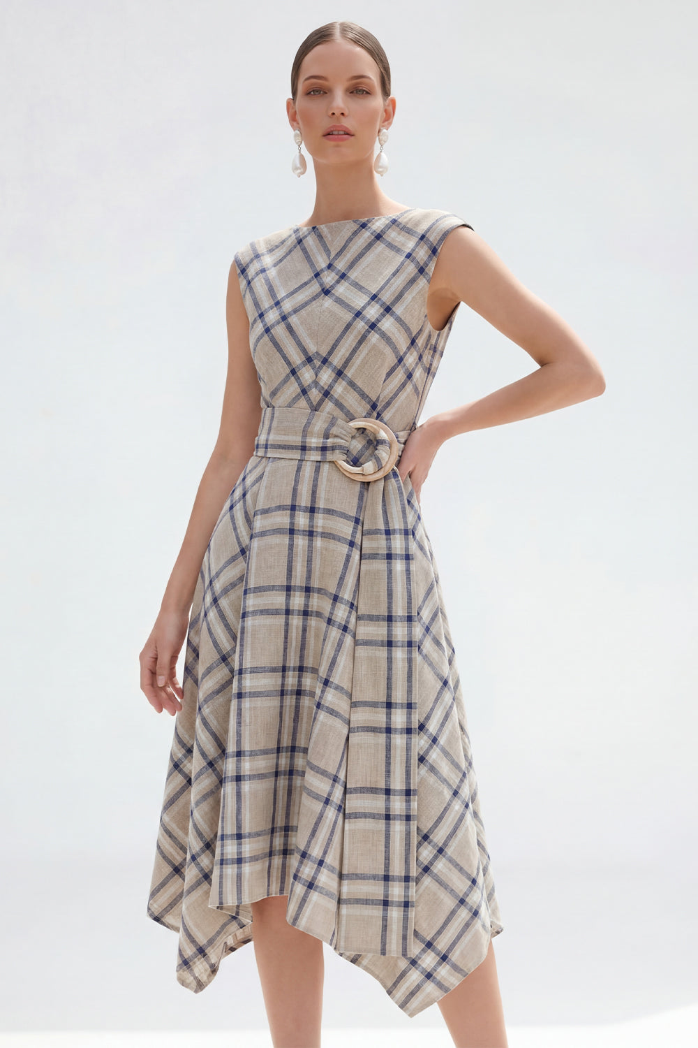 Grey Grid Boat Neck A Line Cap Sleeves Asymmetrical Work Dress with Sash