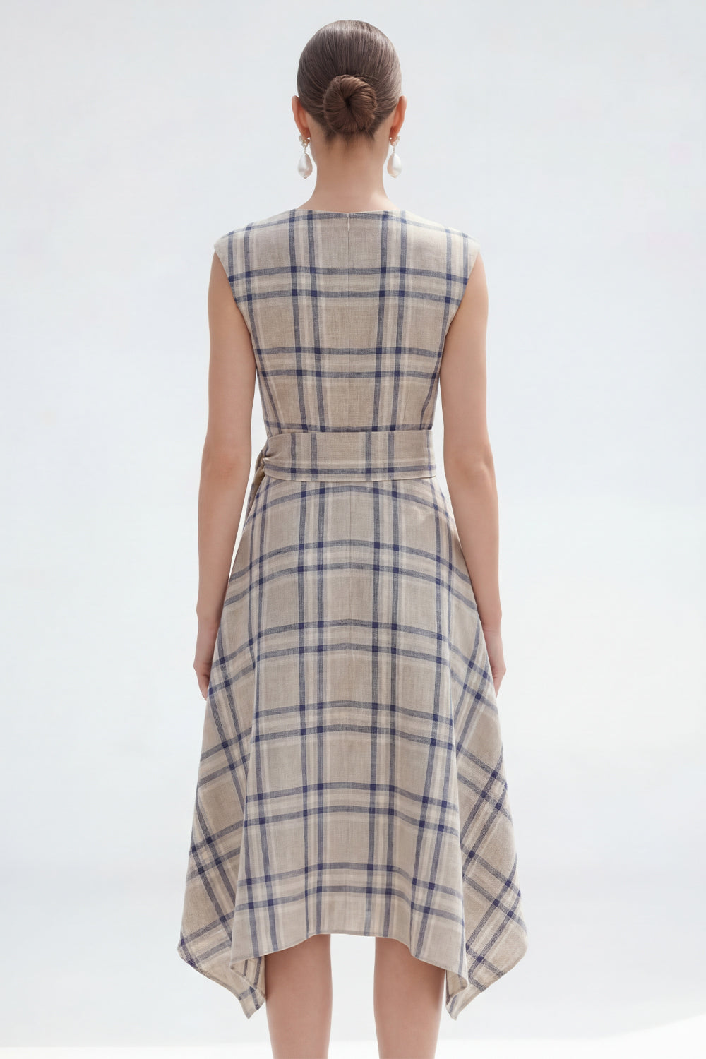 Grey Grid Boat Neck A Line Cap Sleeves Asymmetrical Work Dress with Sash