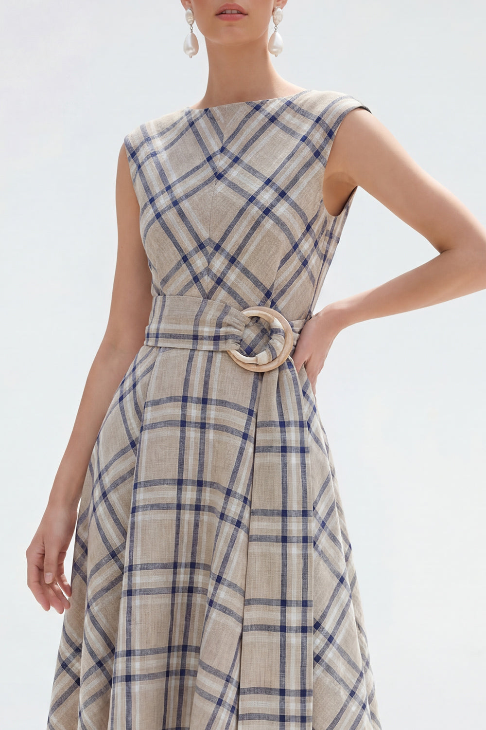 Grey Grid Boat Neck A Line Cap Sleeves Asymmetrical Work Dress with Sash