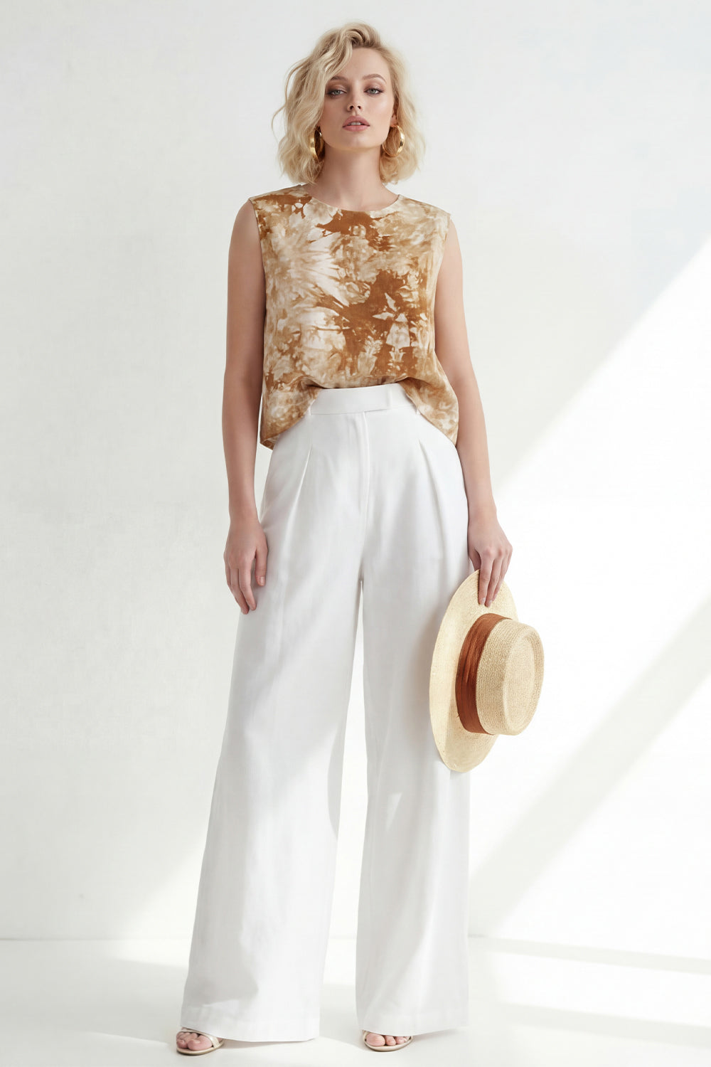 Brown 2 Piece Round Neck Printed Wide Leg Business Suits