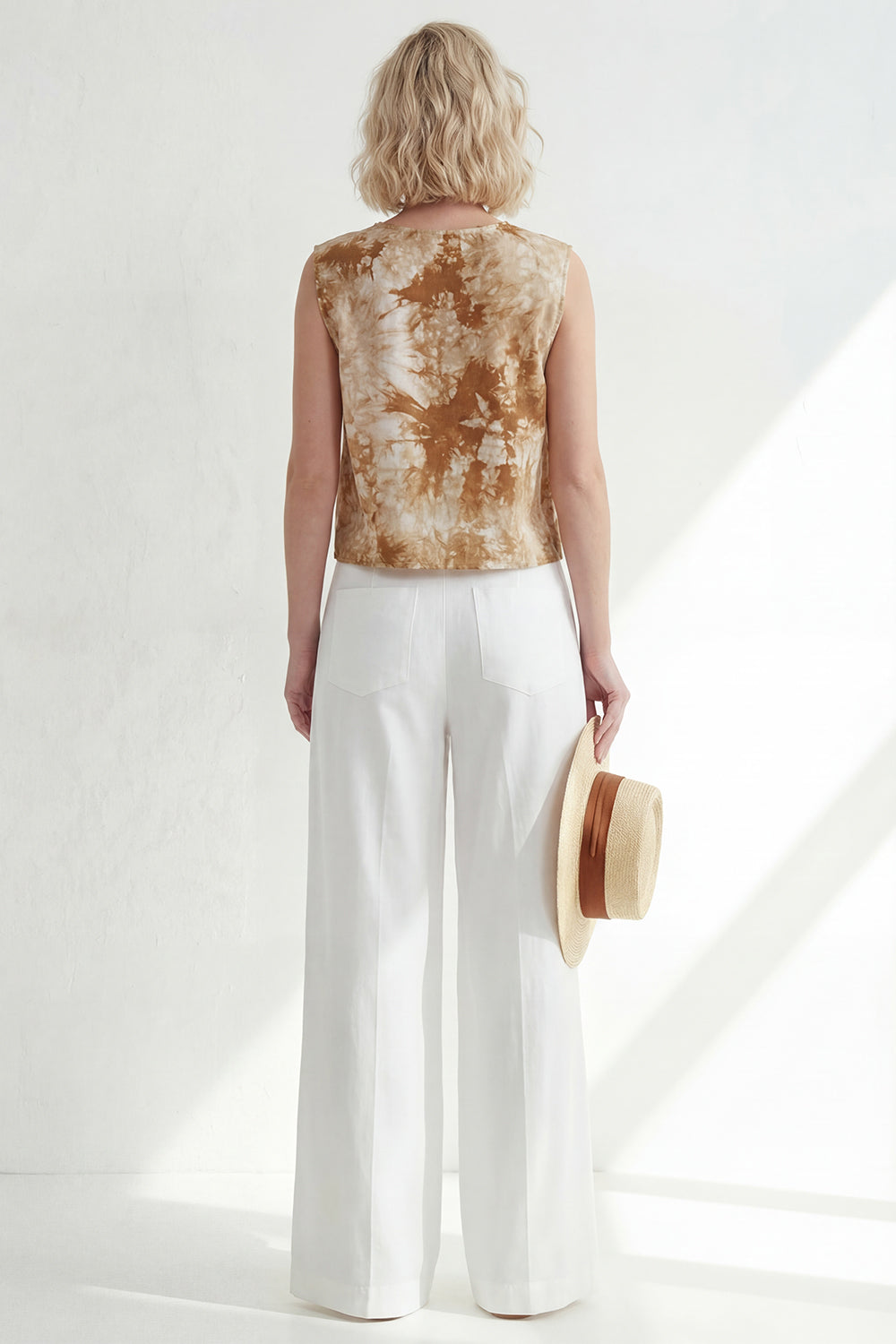 Brown 2 Piece Round Neck Printed Wide Leg Business Suits