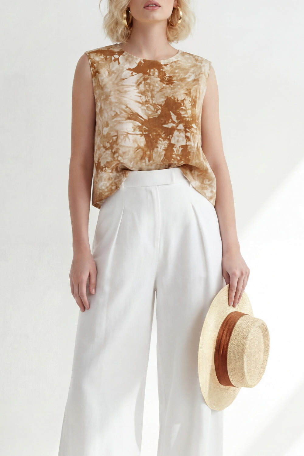 Brown 2 Piece Round Neck Printed Wide Leg Business Suits