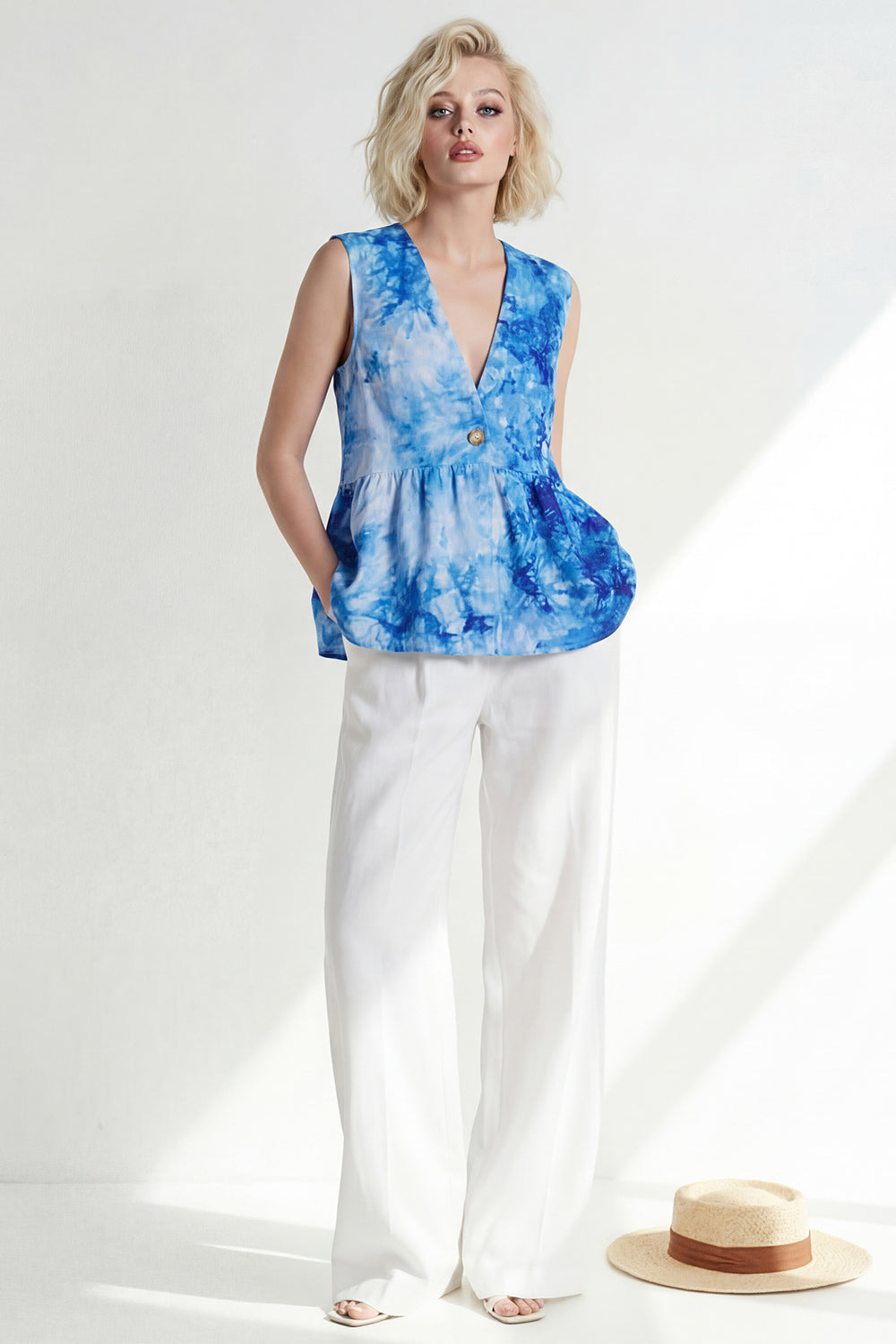 Blue 2 Piece V Neck Printed Business Suits with Pockets