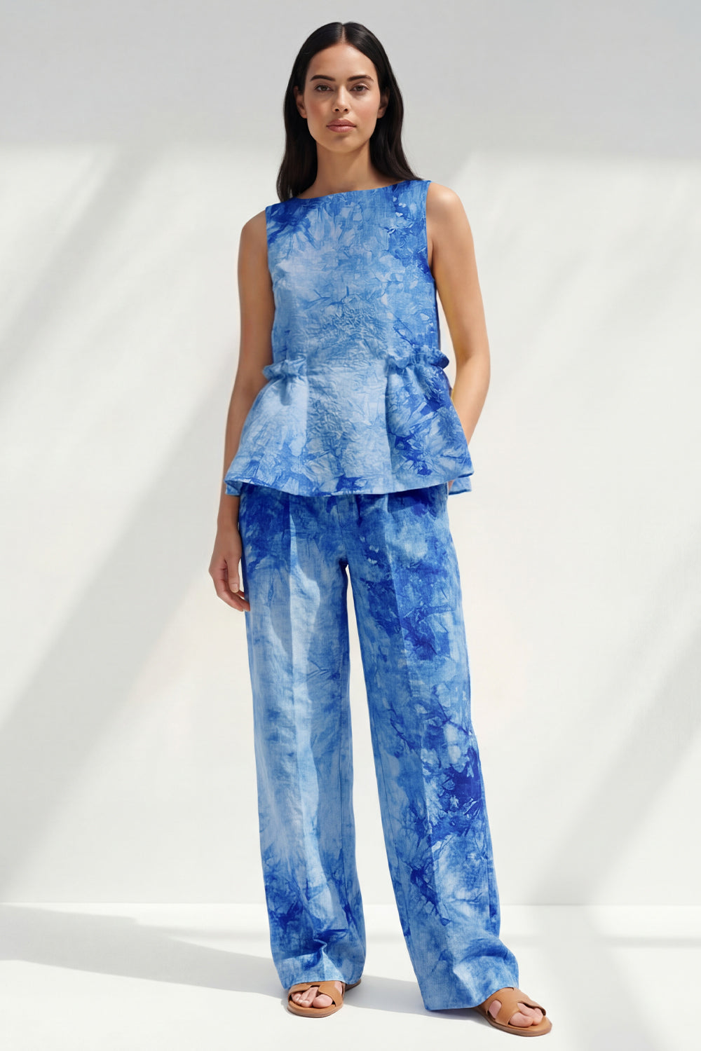 Pink 2 Piece Ruffled Printed Boat Neck Business Suits with Pockets