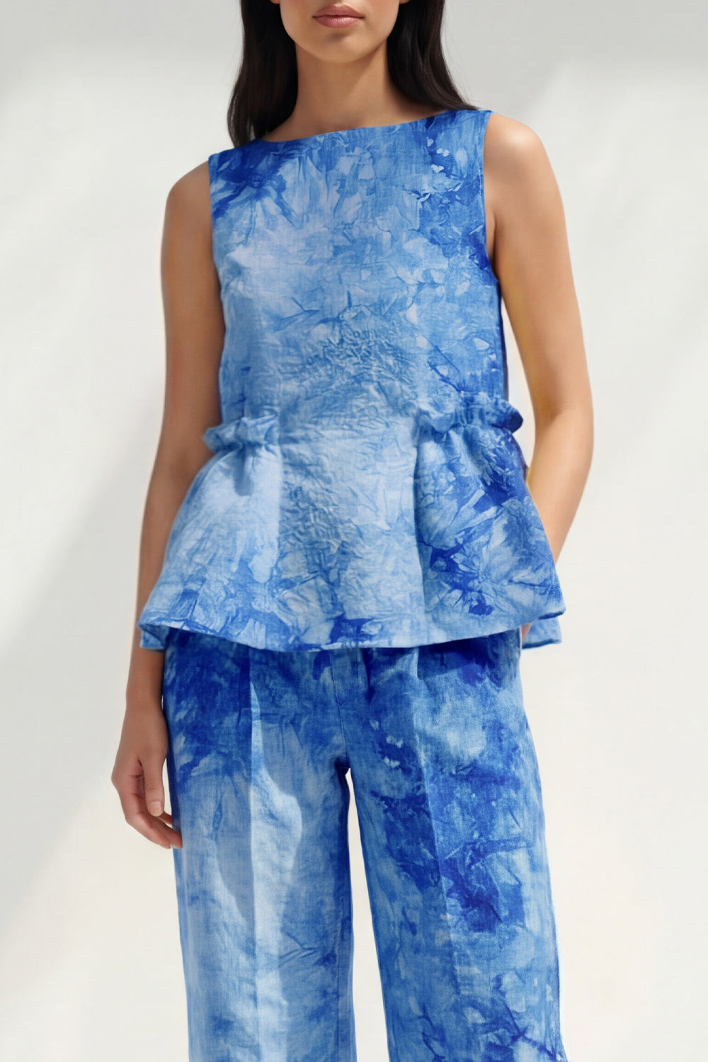 Pink 2 Piece Ruffled Printed Boat Neck Business Suits with Pockets