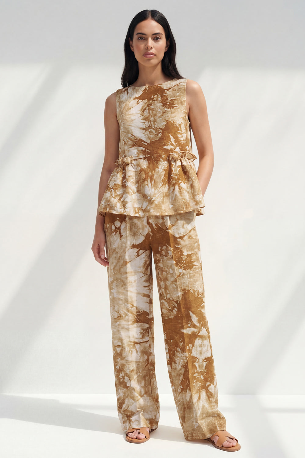 Pink 2 Piece Ruffled Printed Boat Neck Business Suits with Pockets