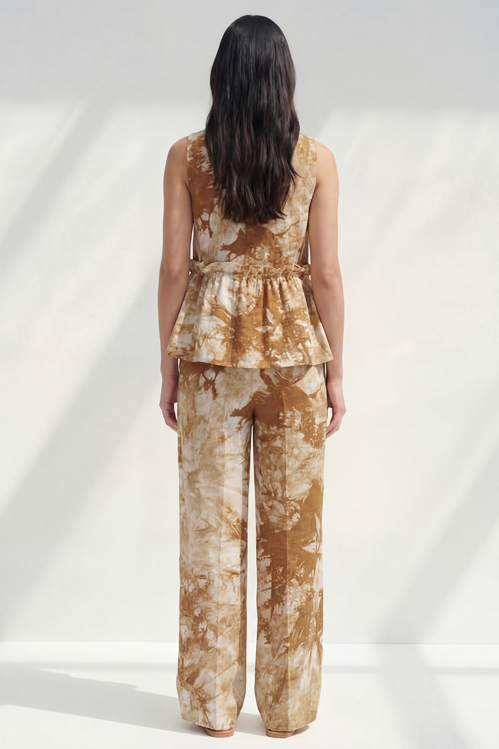 Pink 2 Piece Ruffled Printed Boat Neck Business Suits with Pockets