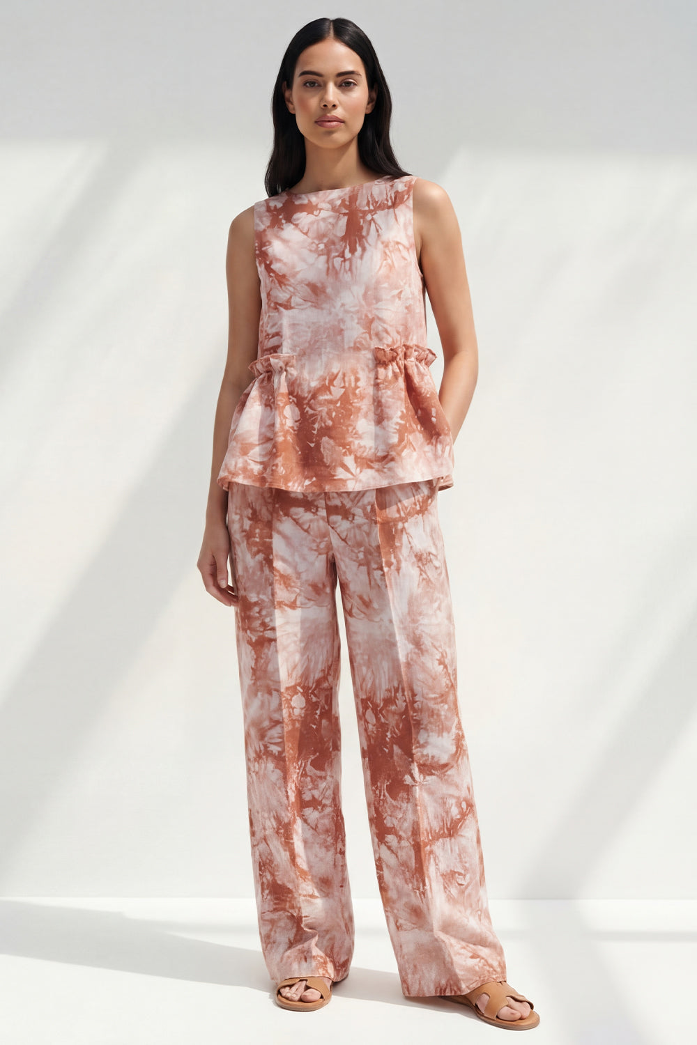 Pink 2 Piece Ruffled Printed Boat Neck Business Suits with Pockets