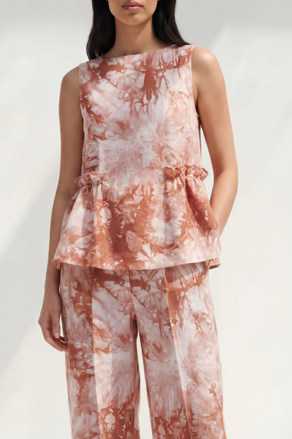 Pink 2 Piece Ruffled Printed Boat Neck Business Suits with Pockets