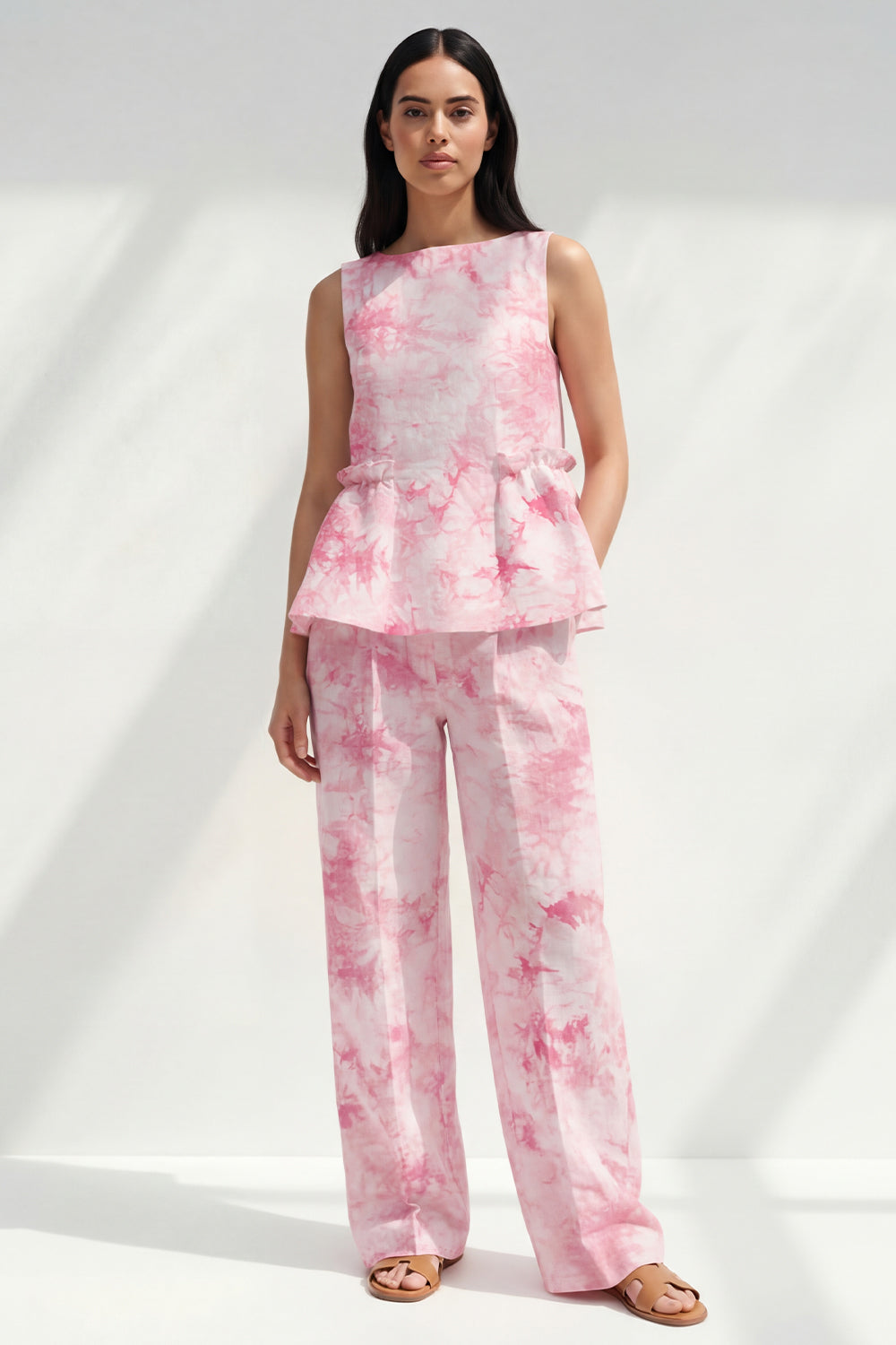 Pink 2 Piece Ruffled Printed Boat Neck Business Suits with Pockets