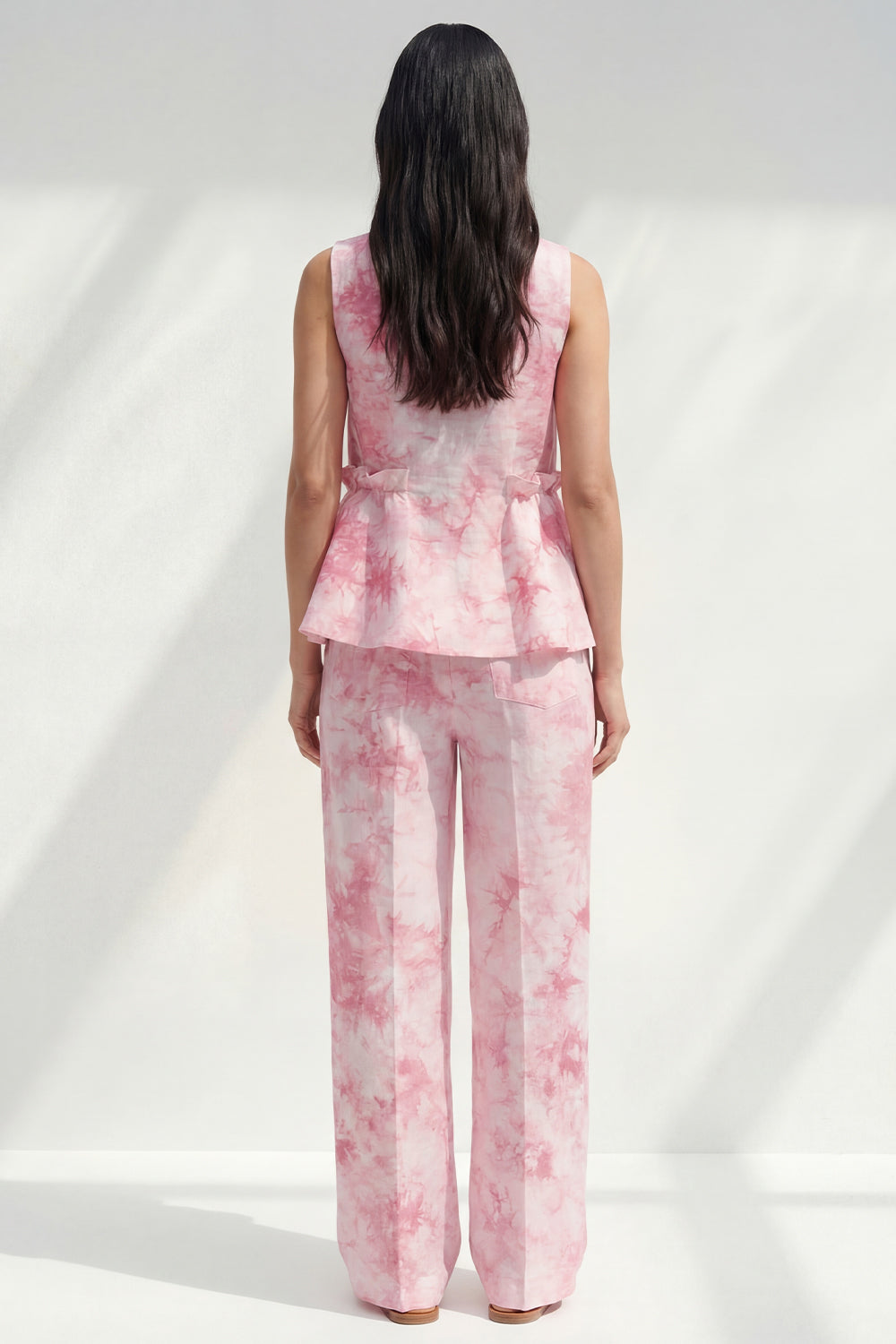 Pink 2 Piece Ruffled Printed Boat Neck Business Suits with Pockets