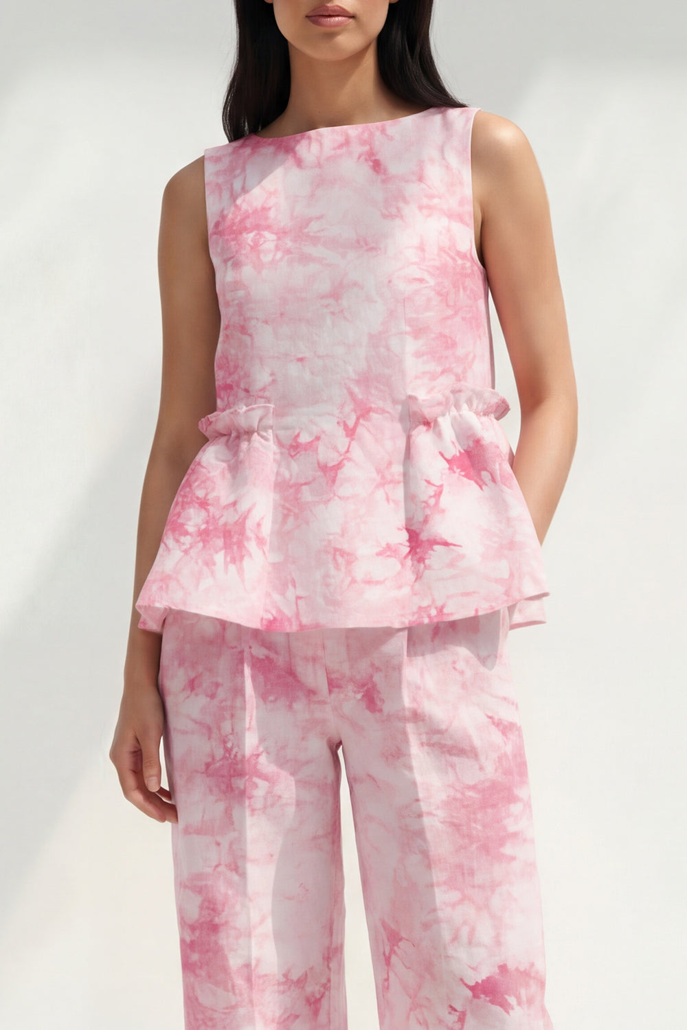 Pink 2 Piece Ruffled Printed Boat Neck Business Suits with Pockets