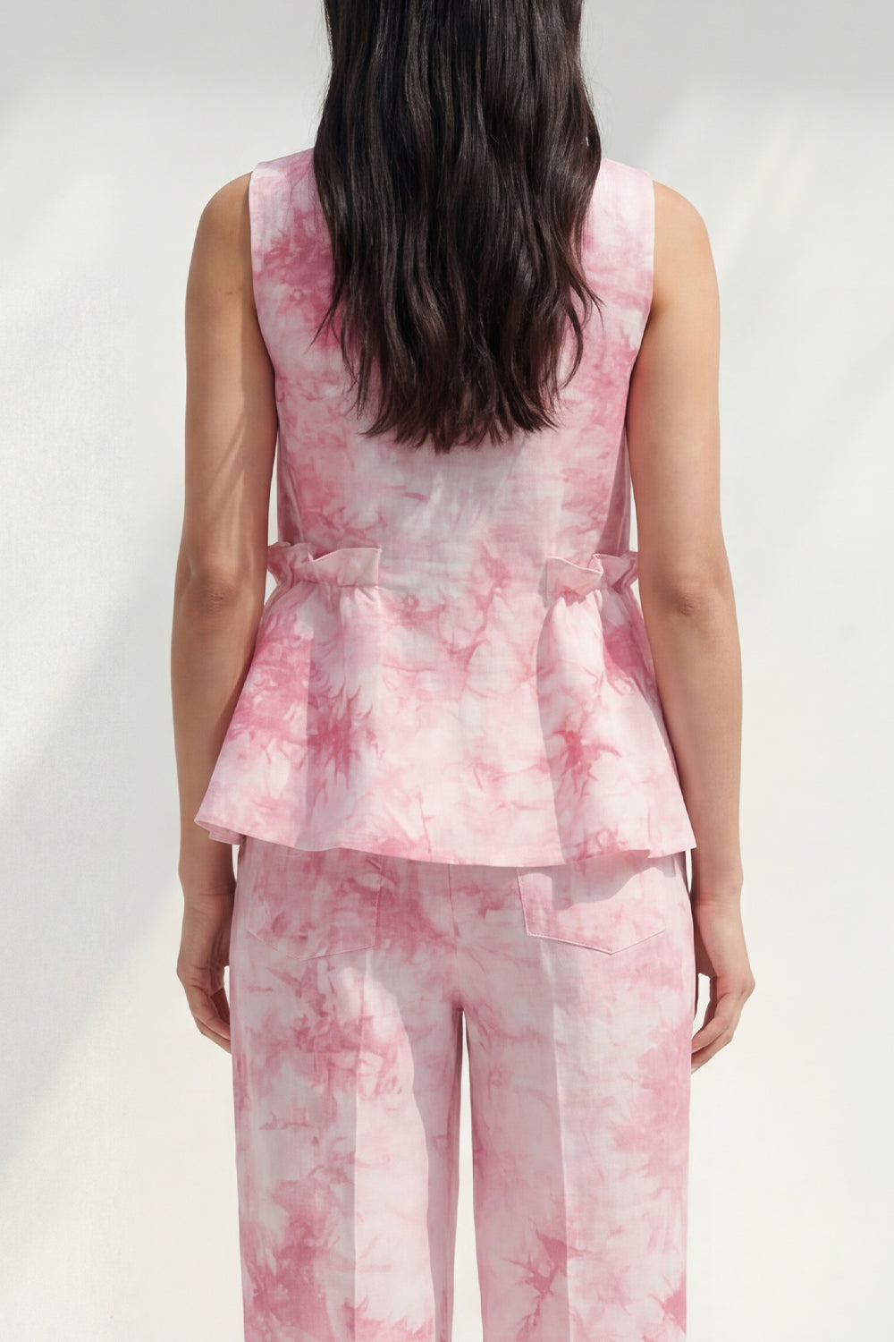 Pink 2 Piece Ruffled Printed Boat Neck Business Suits with Pockets