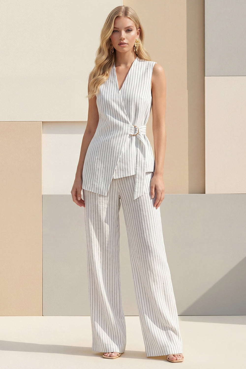 White 2 Piece Striped V Neck Wide Leg Business Suits with Sash