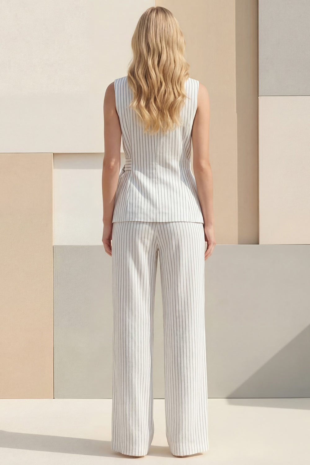 White 2 Piece Striped V Neck Wide Leg Business Suits with Sash
