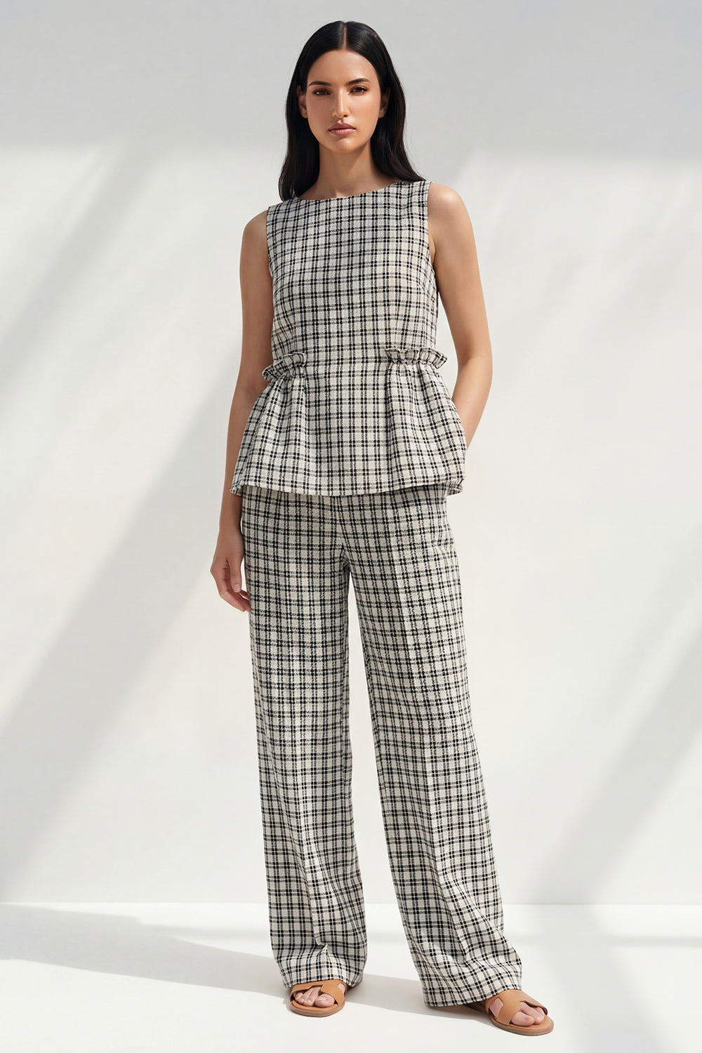 Black and White Grid 2 Piece Boat Neck Ruffled Striped Sleeveless Business Suits