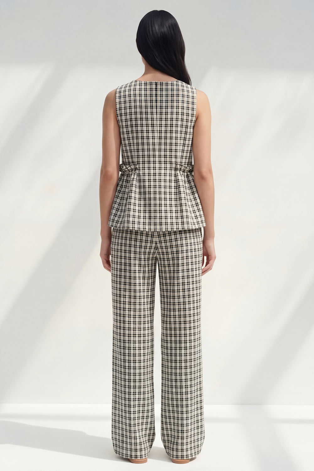 Black and White Grid 2 Piece Boat Neck Ruffled Striped Sleeveless Business Suits