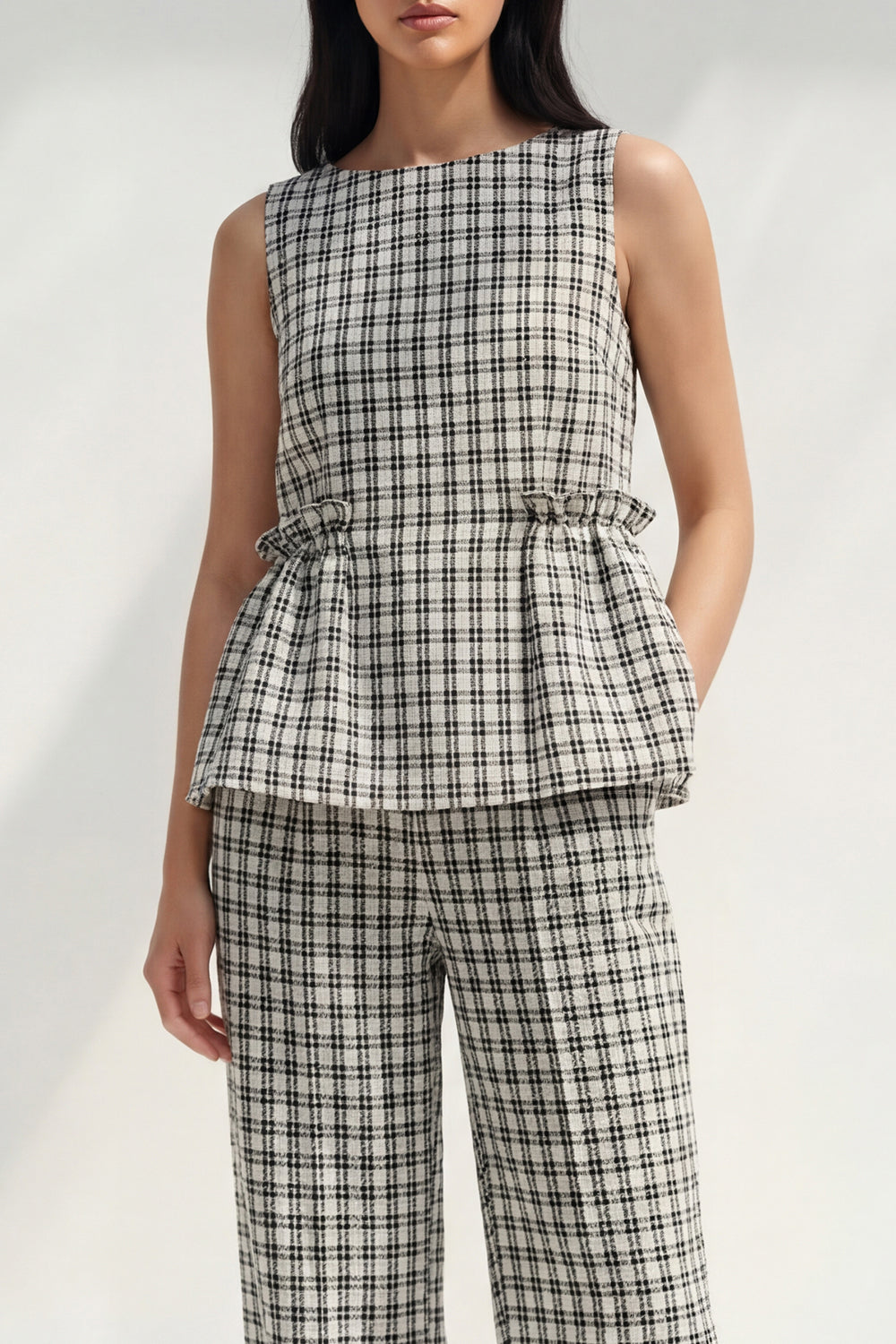 Black and White Grid 2 Piece Boat Neck Ruffled Striped Sleeveless Business Suits