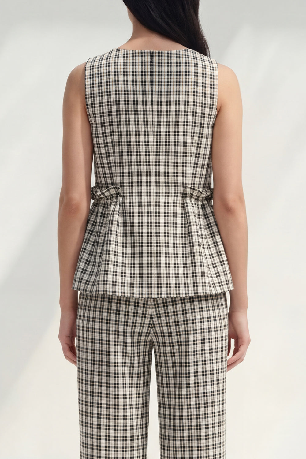 Black and White Grid 2 Piece Boat Neck Ruffled Striped Sleeveless Business Suits