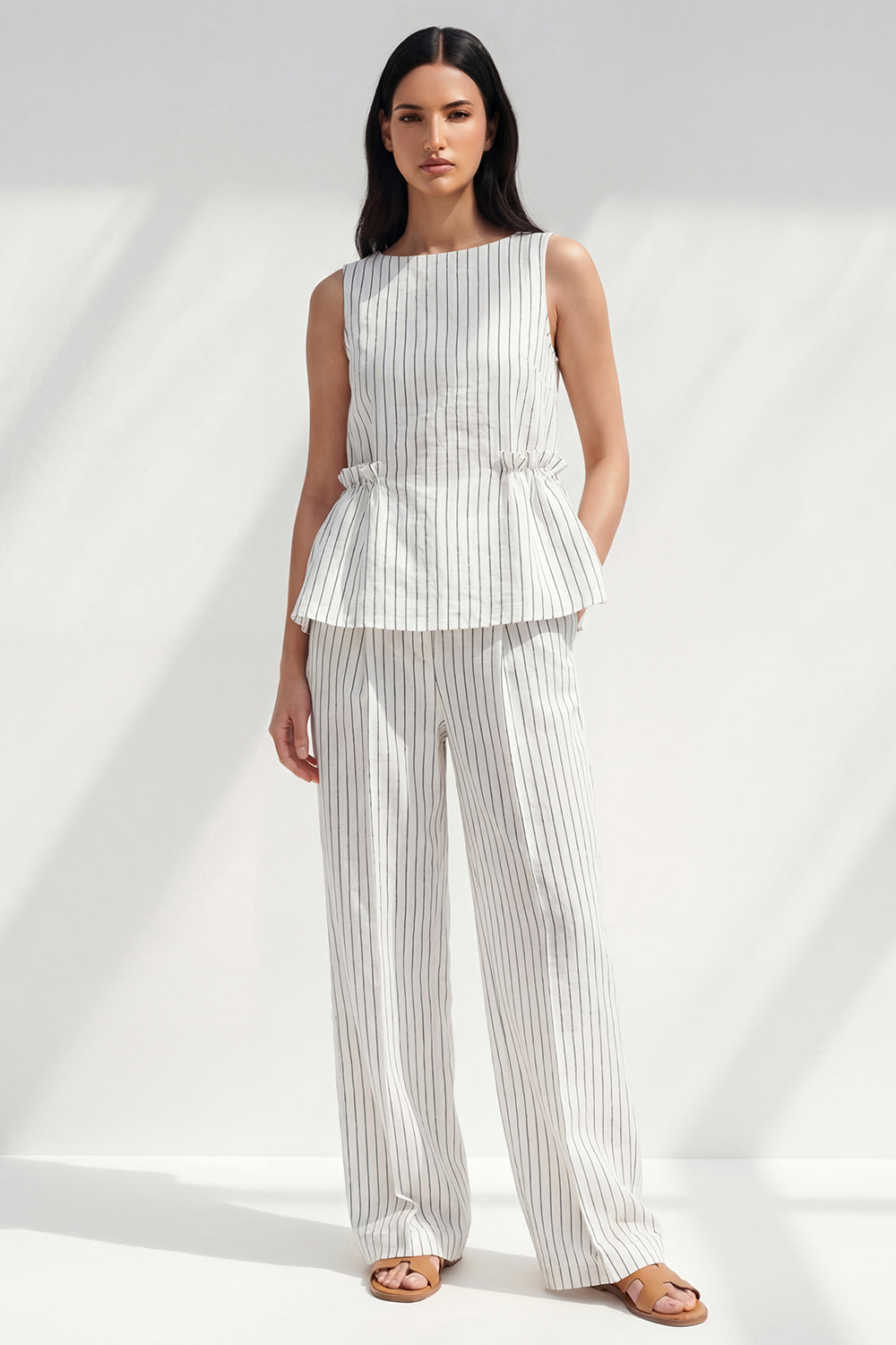 2 PieceWhite  Ruffled Boat Neck Striped Sleeveless Business Suits