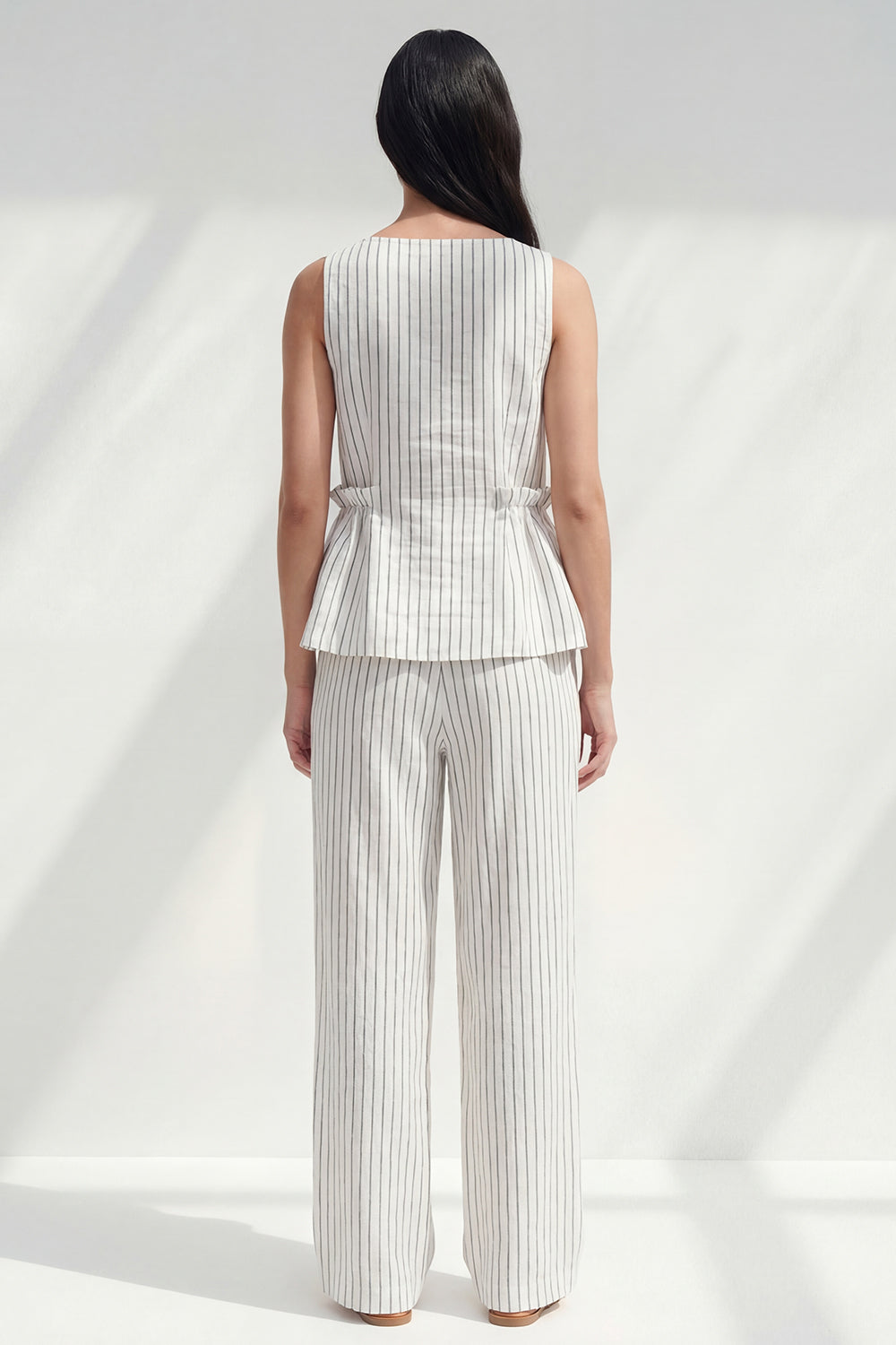2 PieceWhite  Ruffled Boat Neck Striped Sleeveless Business Suits