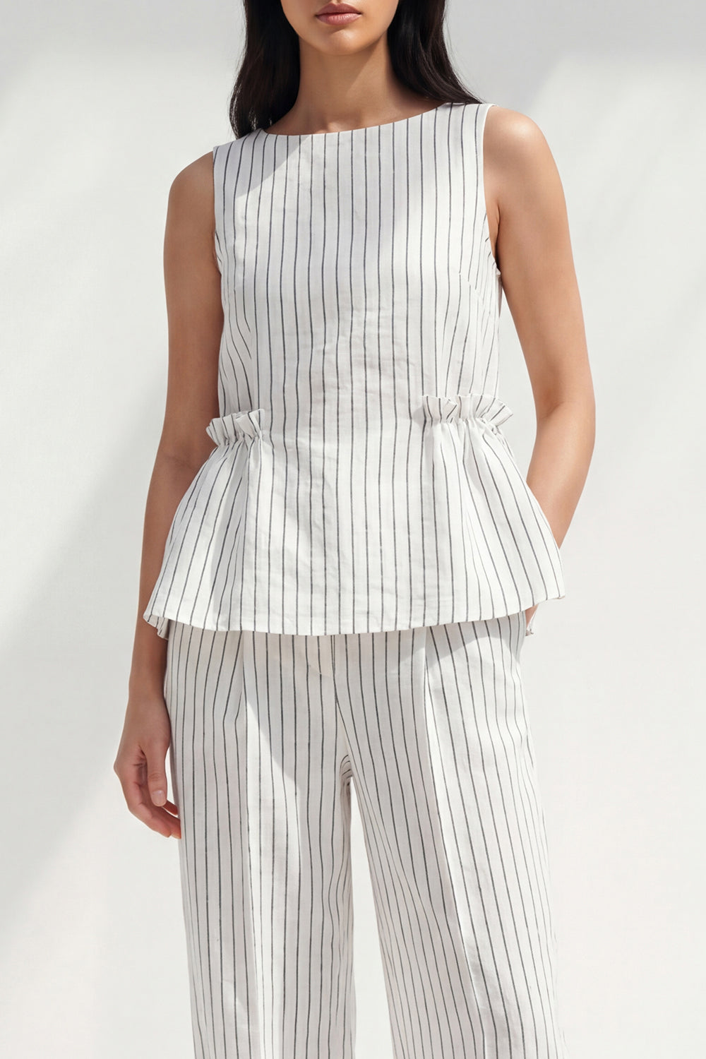 2 PieceWhite  Ruffled Boat Neck Striped Sleeveless Business Suits