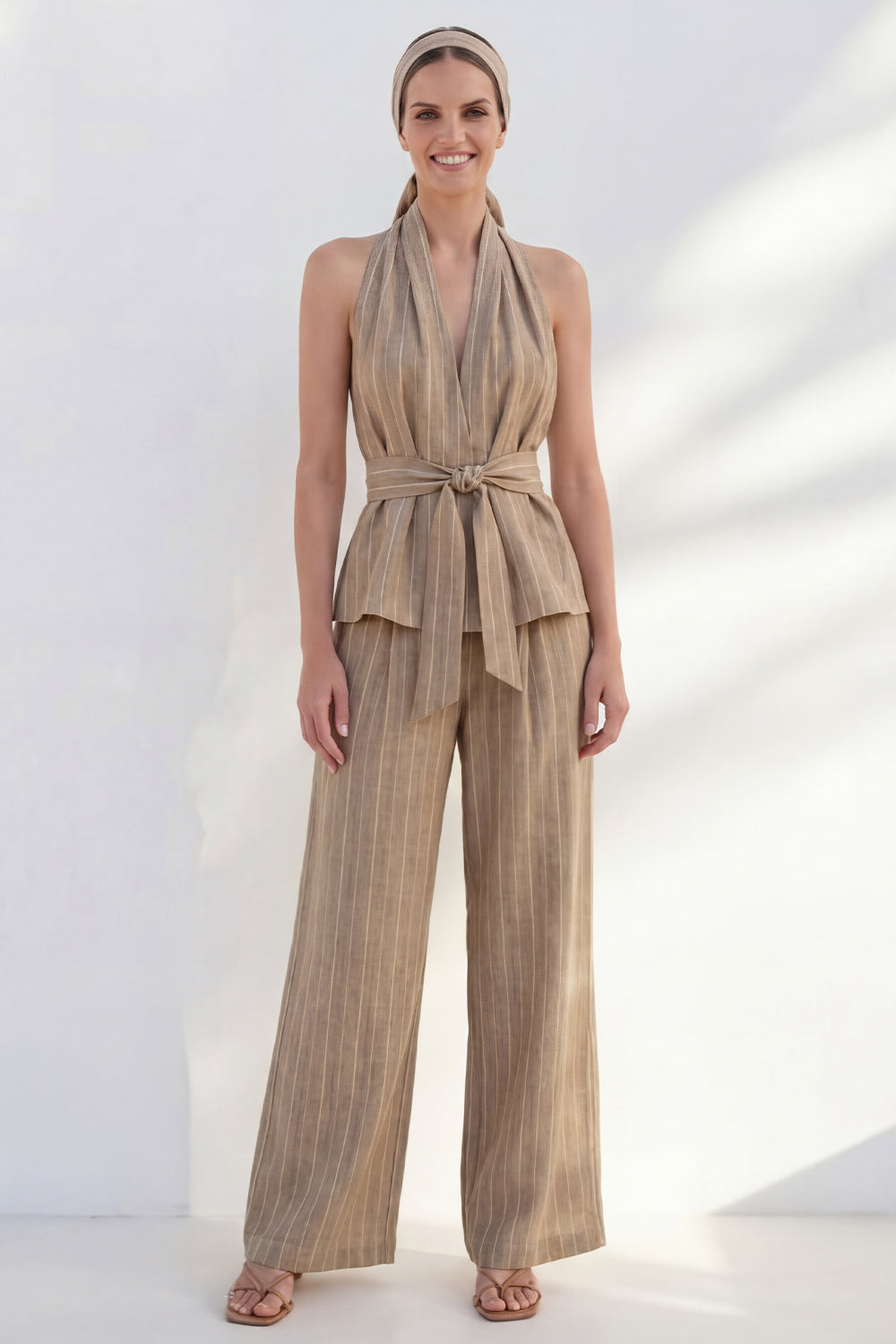 Khaki 2 Piece Striped Halter Wide Leg Business Suits with Sash