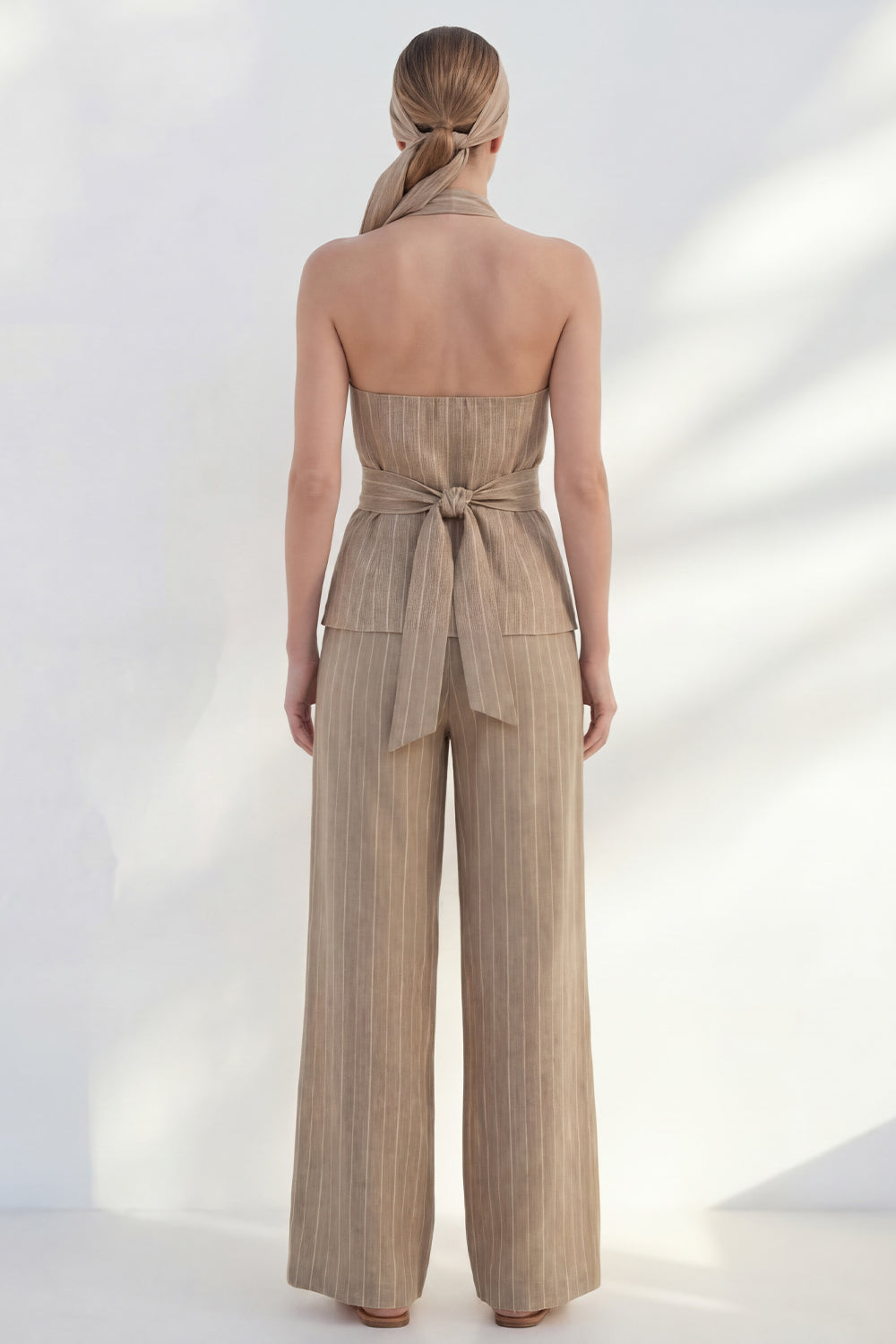 Khaki 2 Piece Striped Halter Wide Leg Business Suits with Sash