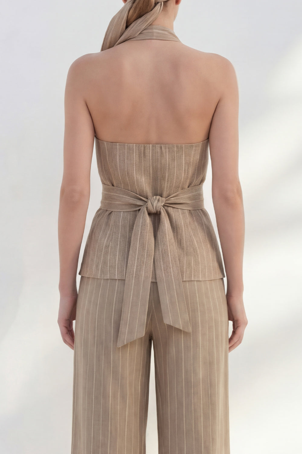 Khaki 2 Piece Striped Halter Wide Leg Business Suits with Sash