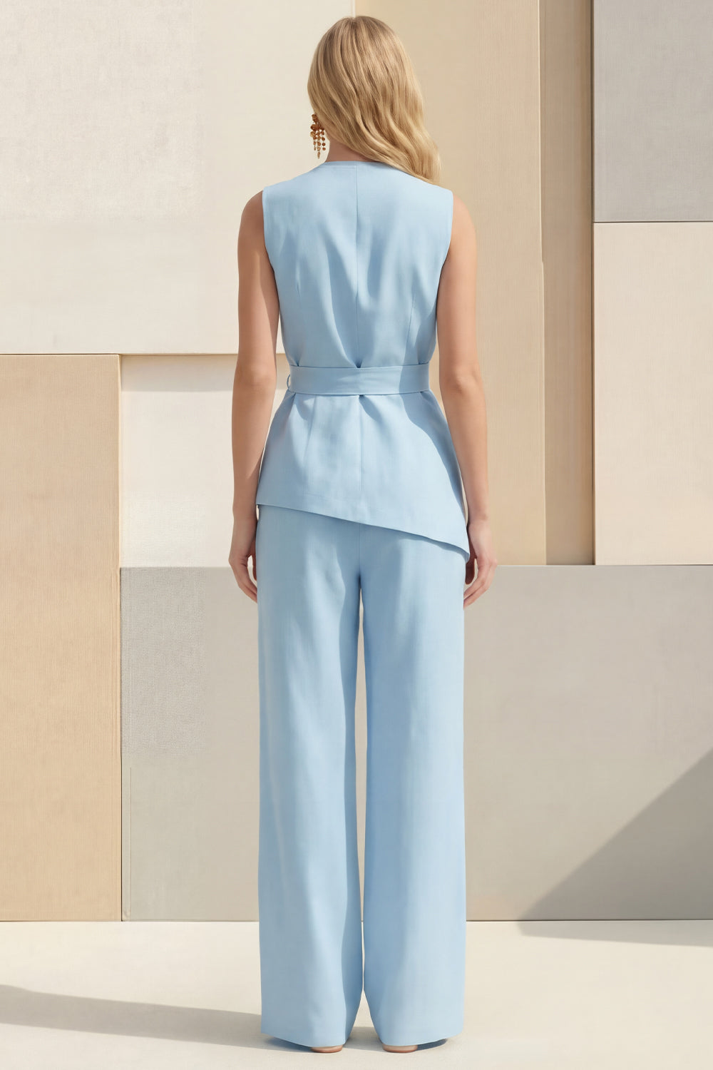 Light Yellow 2 Piece V Neck Long Sleeves Business Suits with Sash