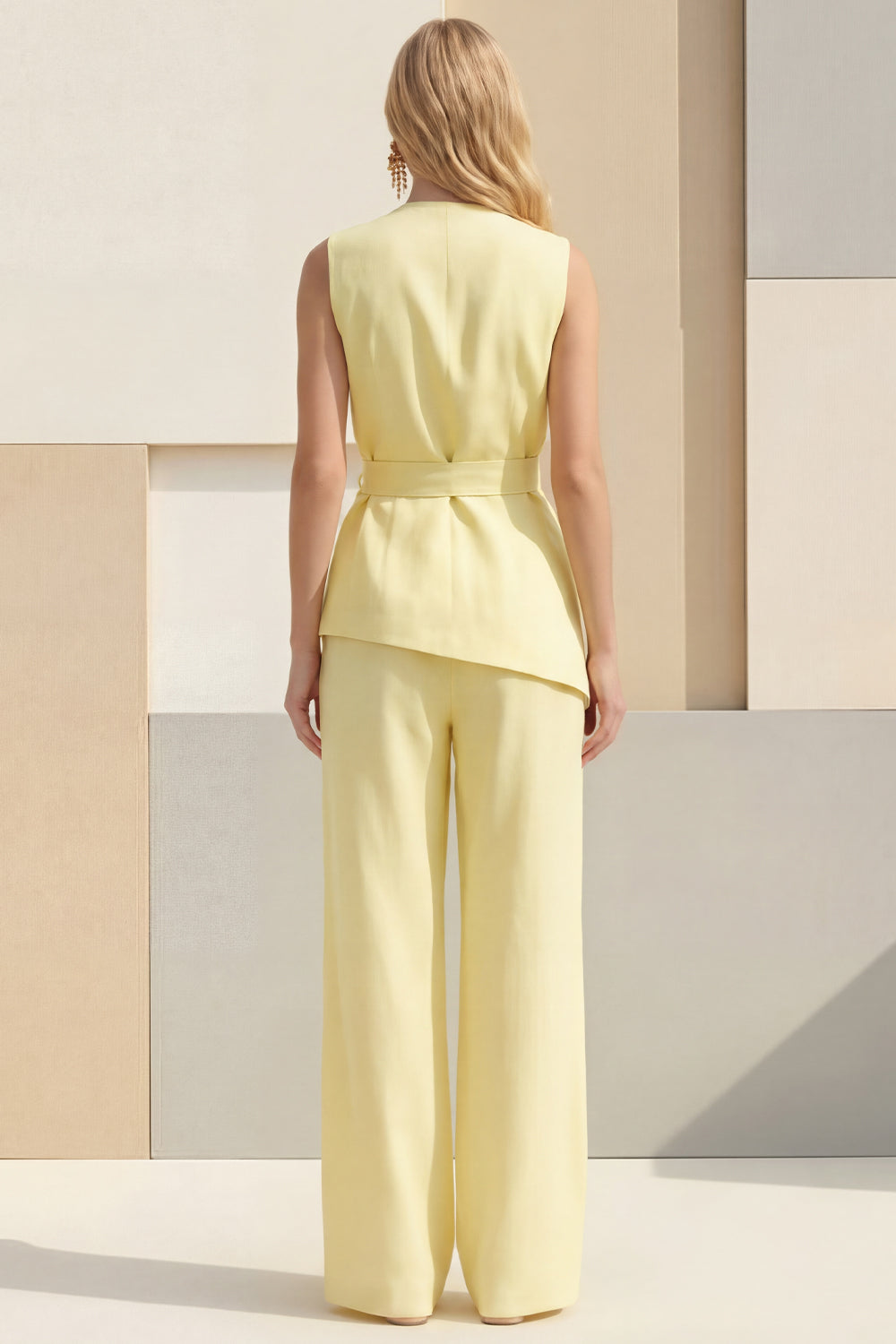 Light Yellow 2 Piece V Neck Long Sleeves Business Suits with Sash