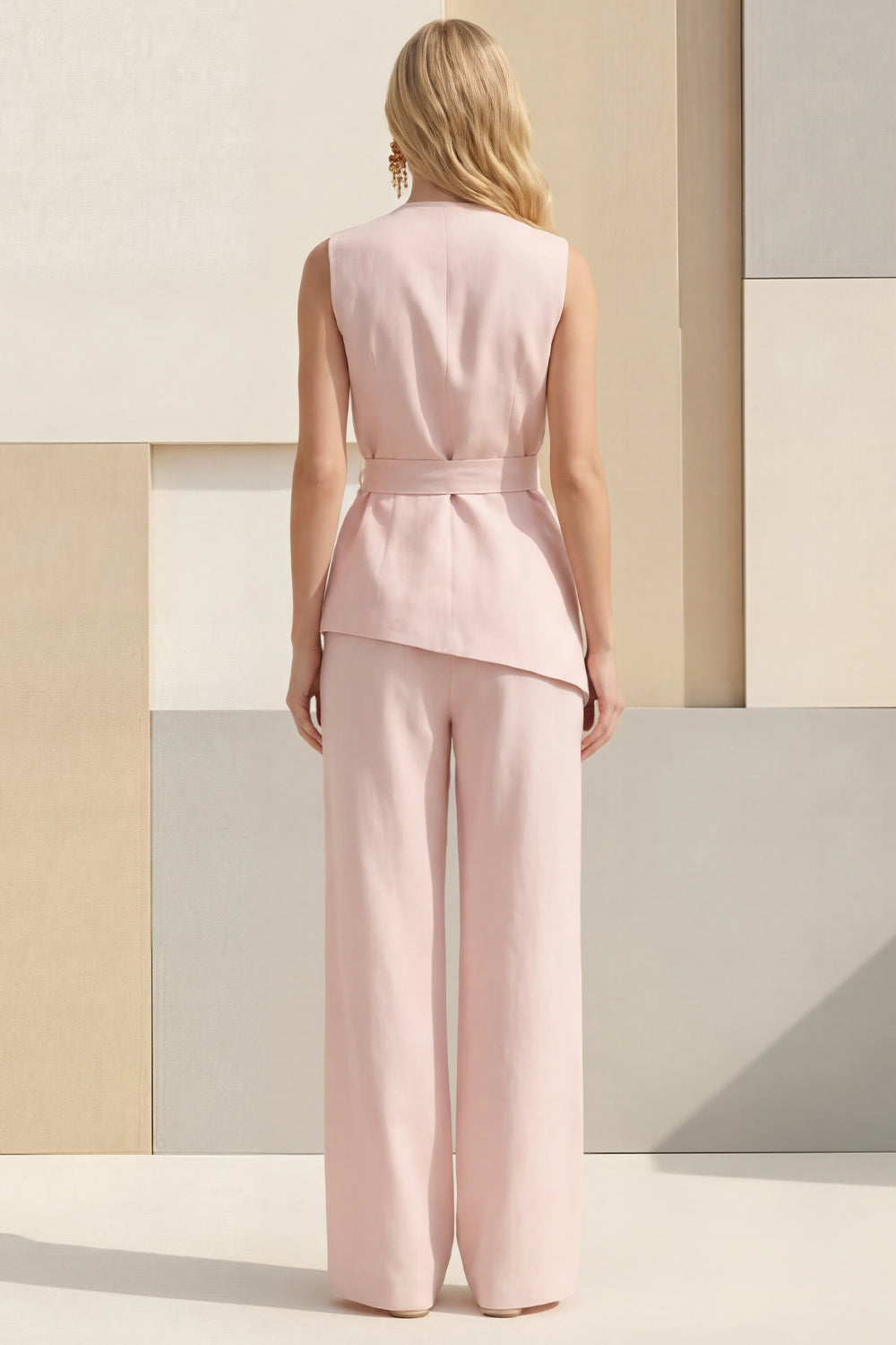 Light Yellow 2 Piece V Neck Long Sleeves Business Suits with Sash