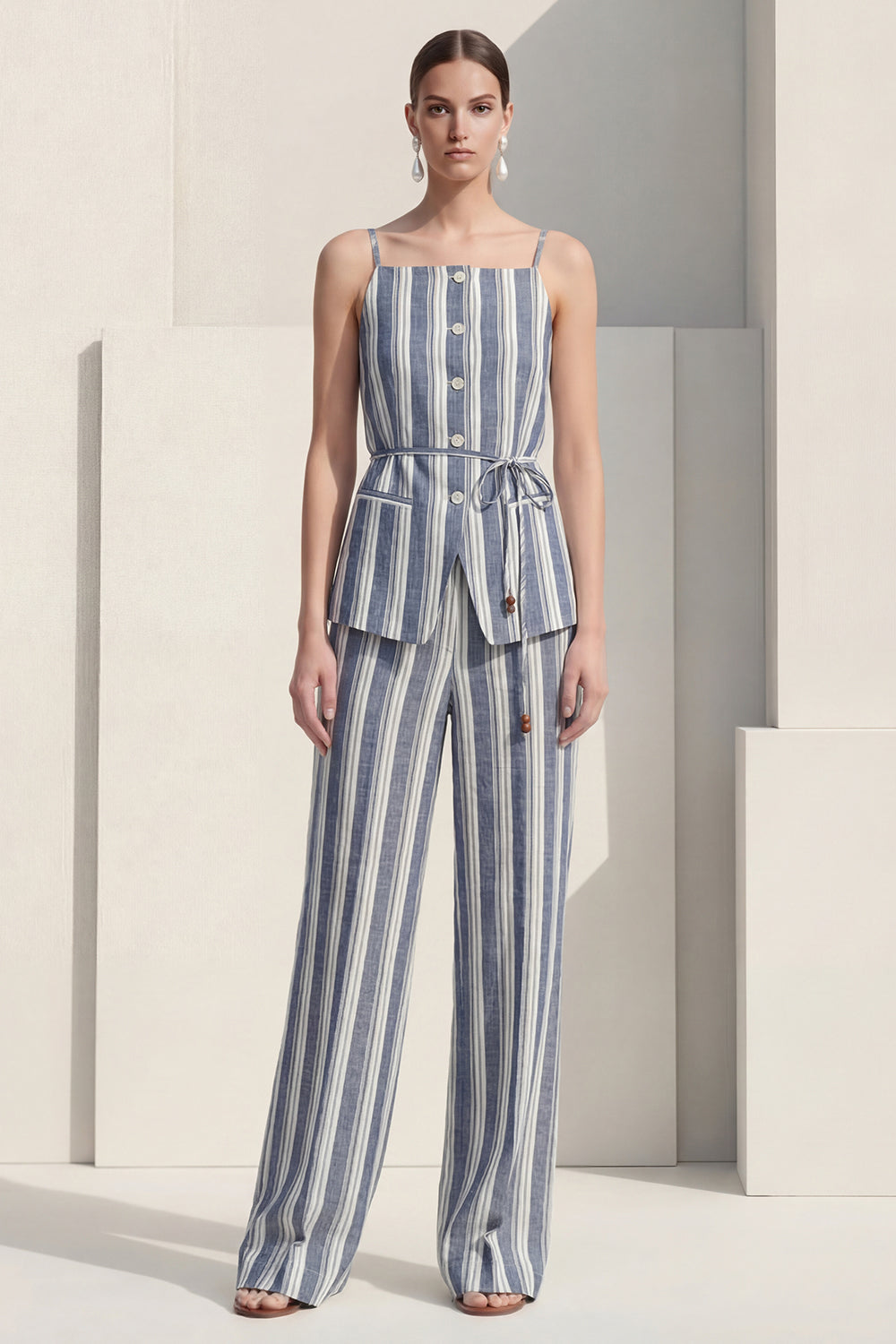 Dusty Blue 2 Piece Striped Spaghetti Straps Slim Fit Business Suits