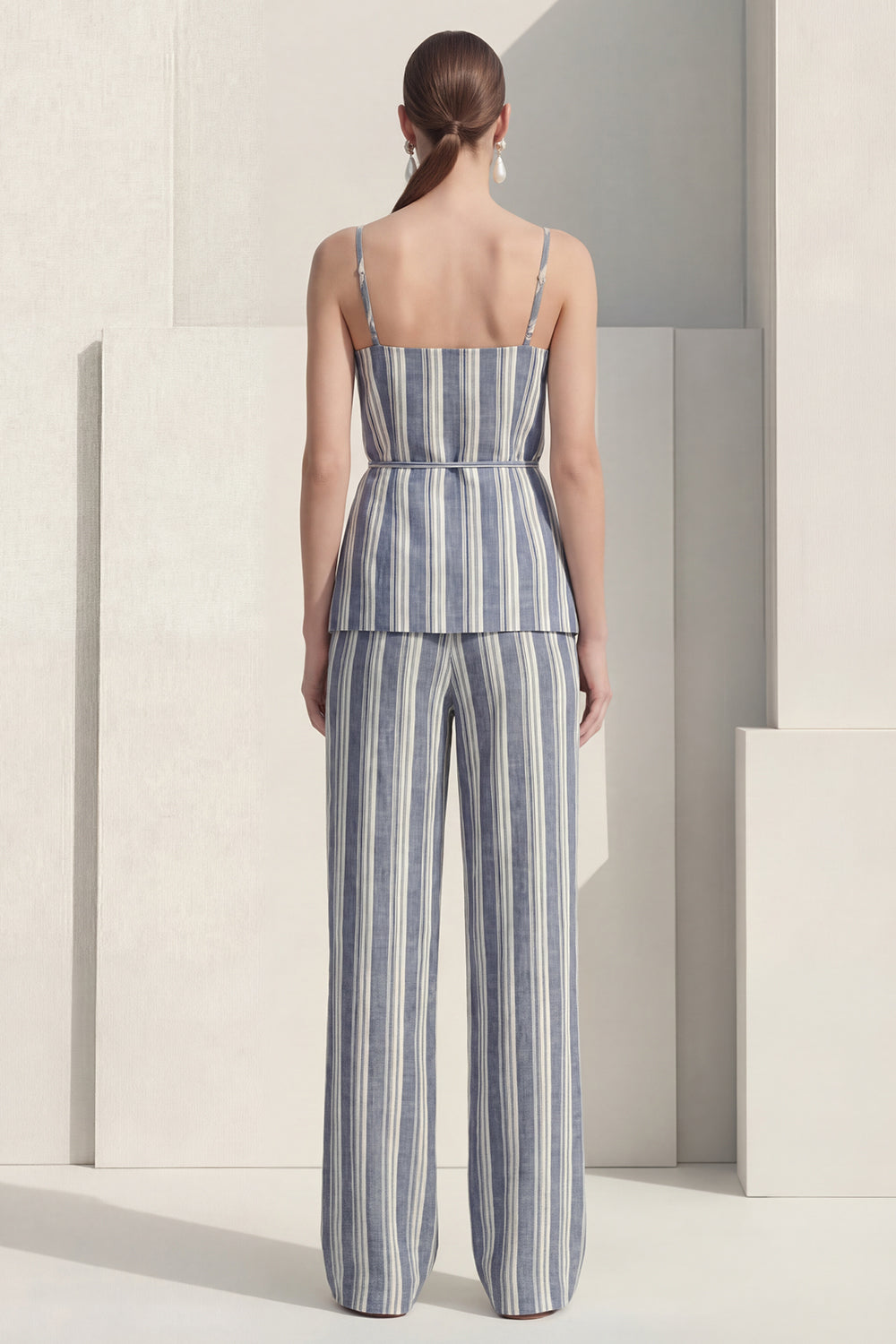 Dusty Blue 2 Piece Striped Spaghetti Straps Slim Fit Business Suits