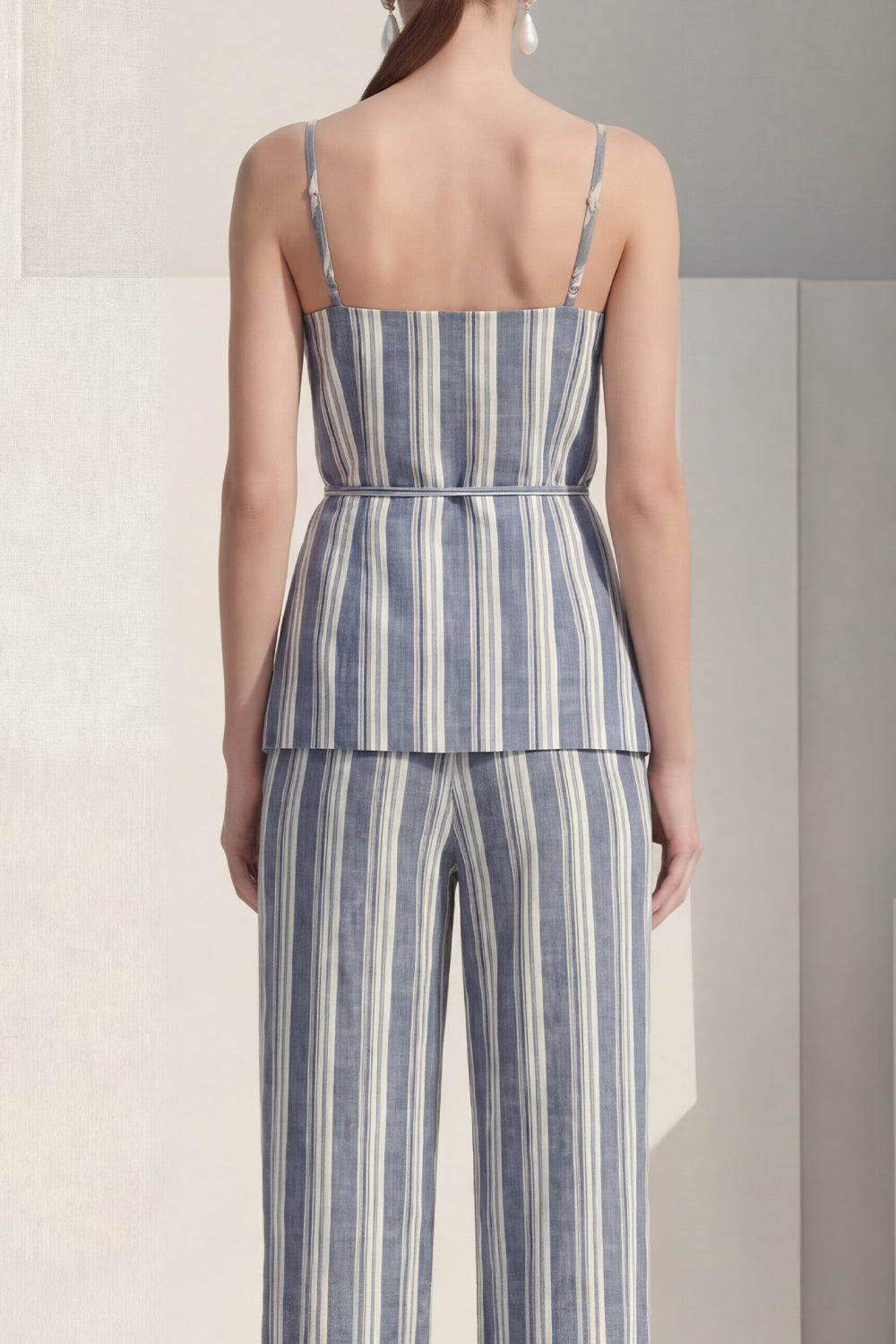 Dusty Blue 2 Piece Striped Spaghetti Straps Slim Fit Business Suits