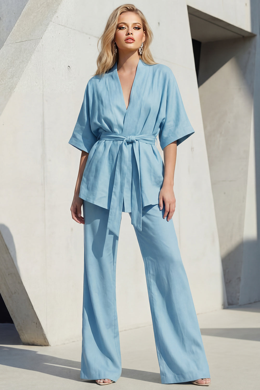 Blue 2 Piece Half Sleeves V Neck Business Suits with Sash