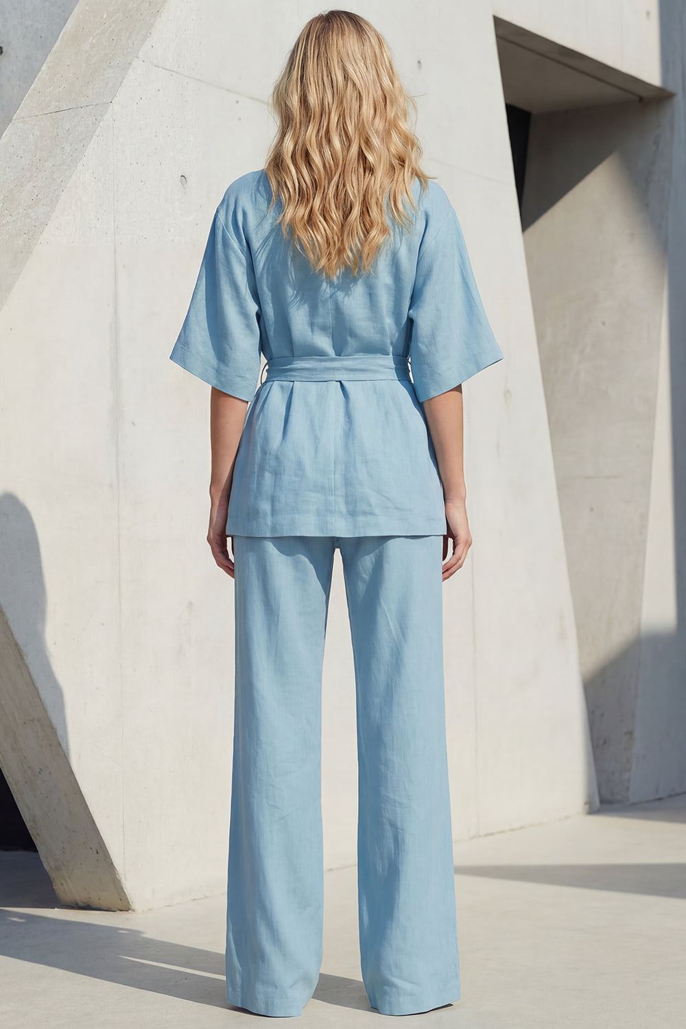 Blue 2 Piece Half Sleeves V Neck Business Suits with Sash