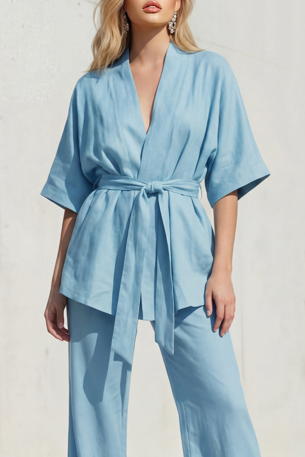Blue 2 Piece Half Sleeves V Neck Business Suits with Sash