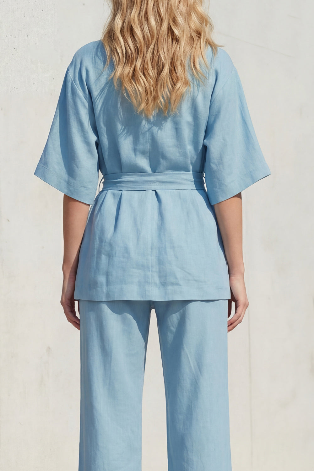 Blue 2 Piece Half Sleeves V Neck Business Suits with Sash