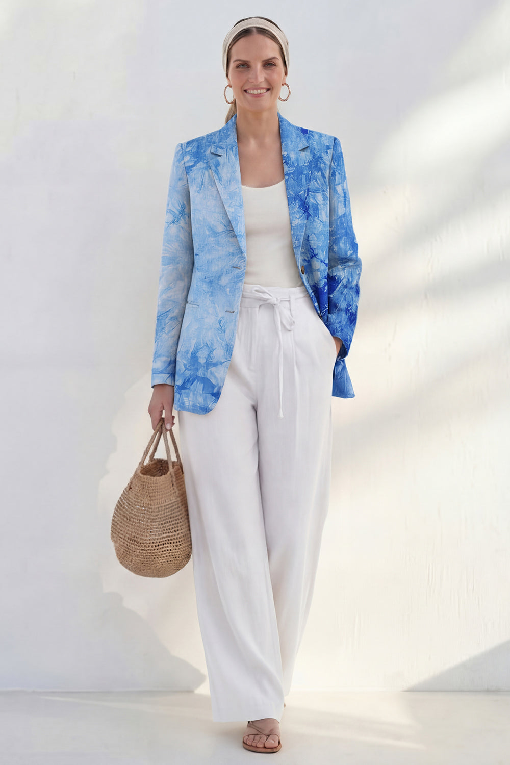 Blue 2 Piece Printed Single Breasted Notched Lapel Business Suits with Pockets