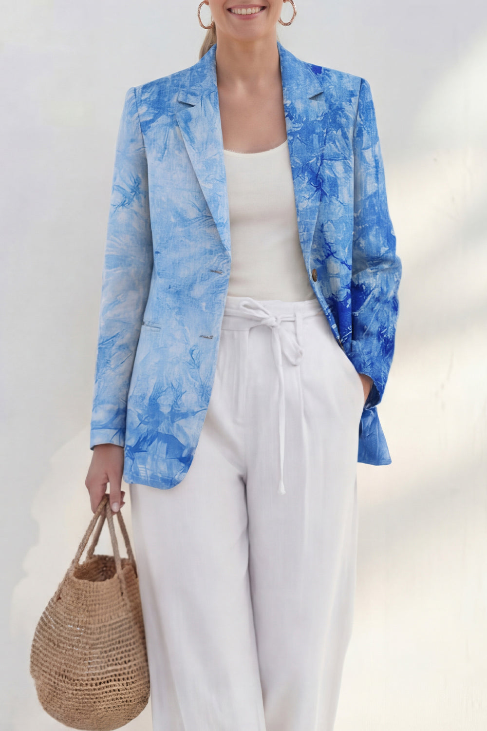 Blue 2 Piece Printed Single Breasted Notched Lapel Business Suits with Pockets