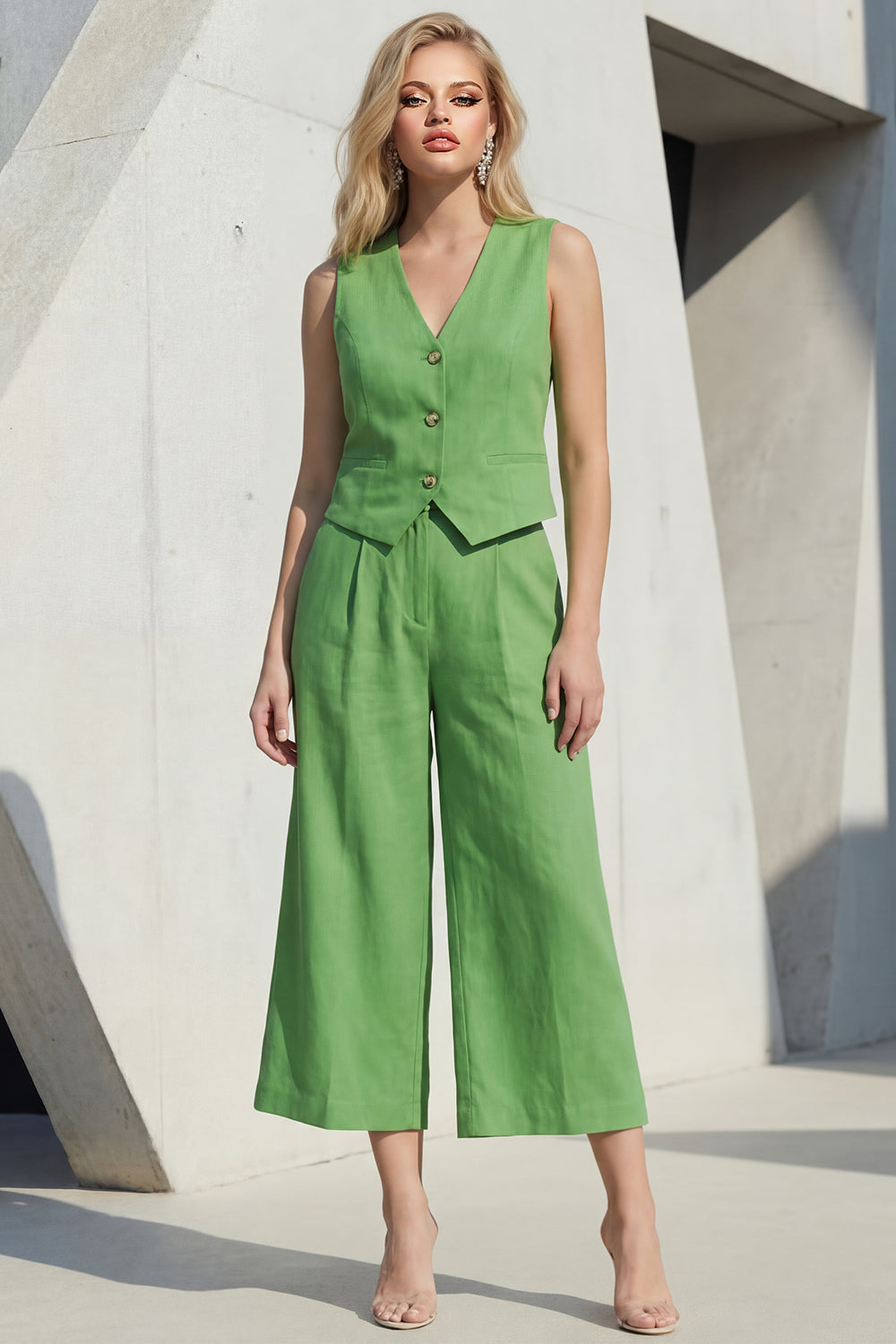 Green 2 Piece Single Breasted Sleeveless Wide Leg Business Suits