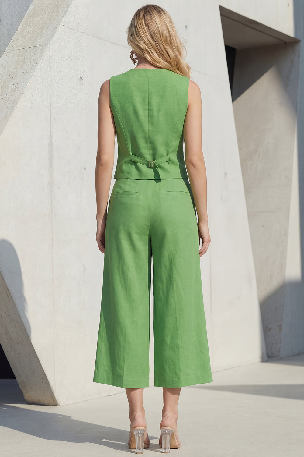Green 2 Piece Single Breasted Sleeveless Wide Leg Business Suits