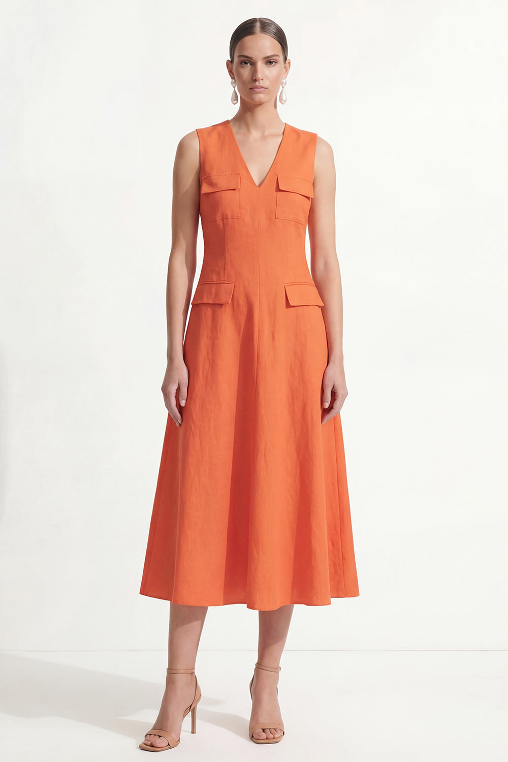 Orange V Neck A Line Maxi Work Dress with Pockets