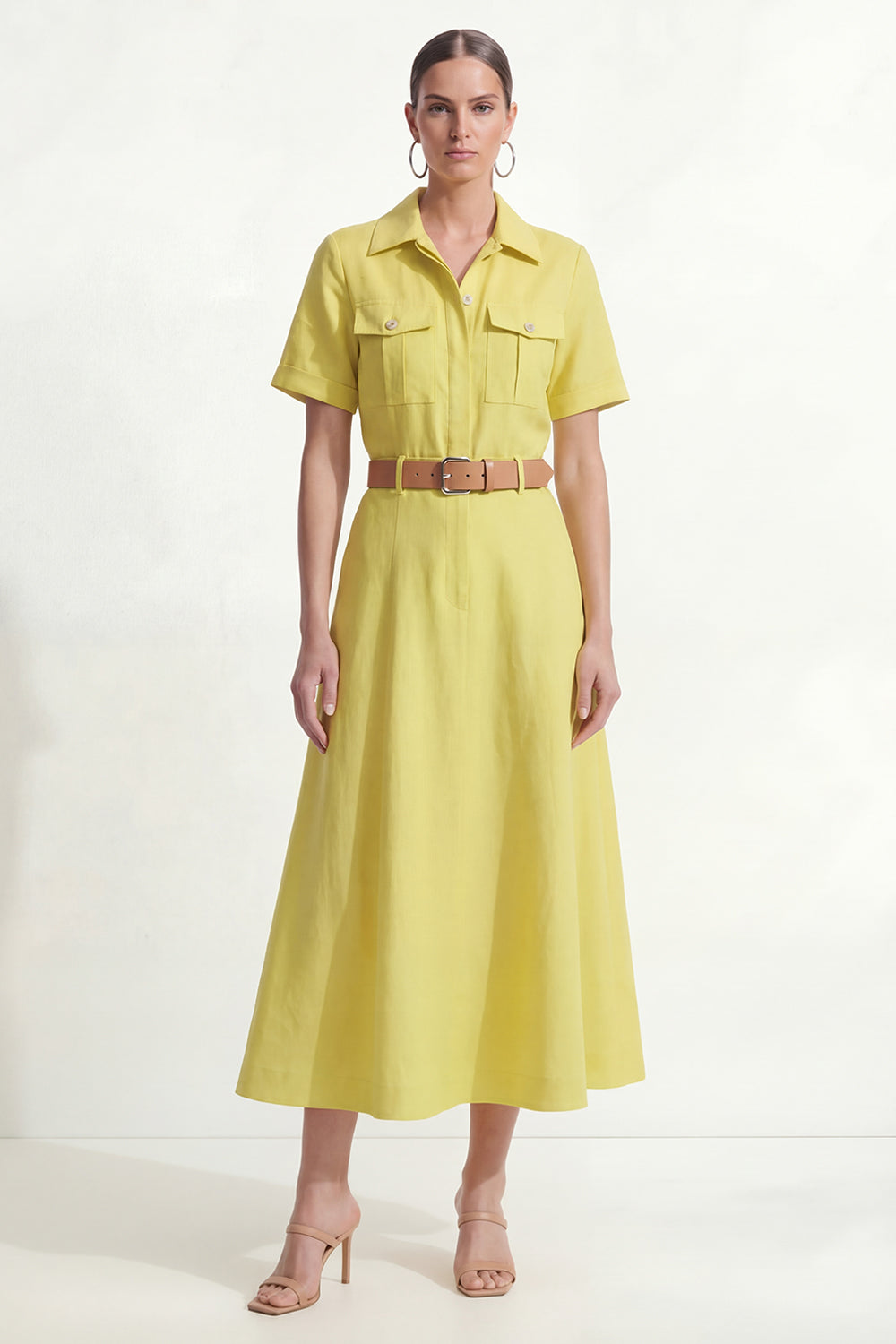 Lemon Yellow Lapel Neck A Line Long Work Dress with Sleeves